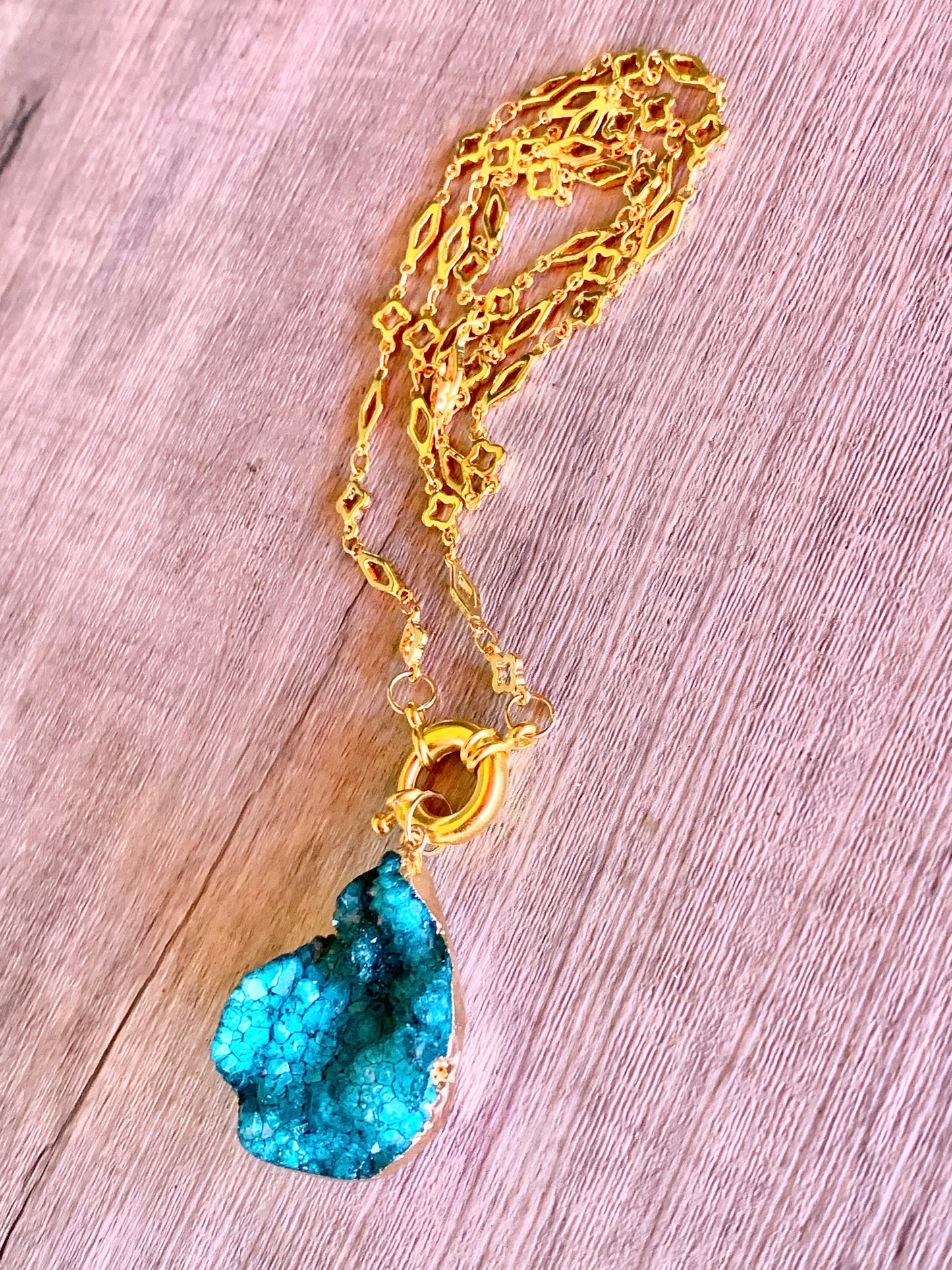 Elle Handmade Druzy Pendant On a 30" or 40" Gold Plated Moorish Pattern Necklace
