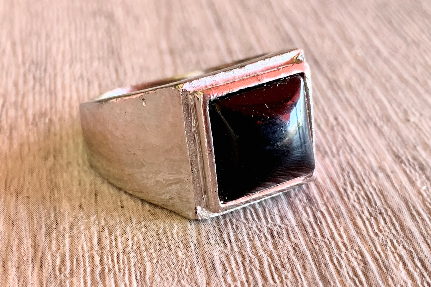 Vintage Stainless Steel and Black Stone (Pre-Owned) Square Men's Ring Size 9