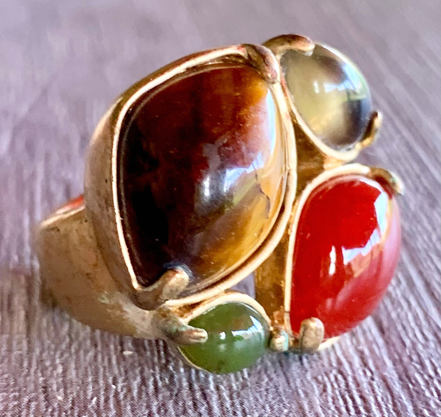 🔴SOLD🔴Vintage (Pre-Owned) Wealth Tigers Eye, Carnelian, Citrine, and Jade Power Ring Size 6
