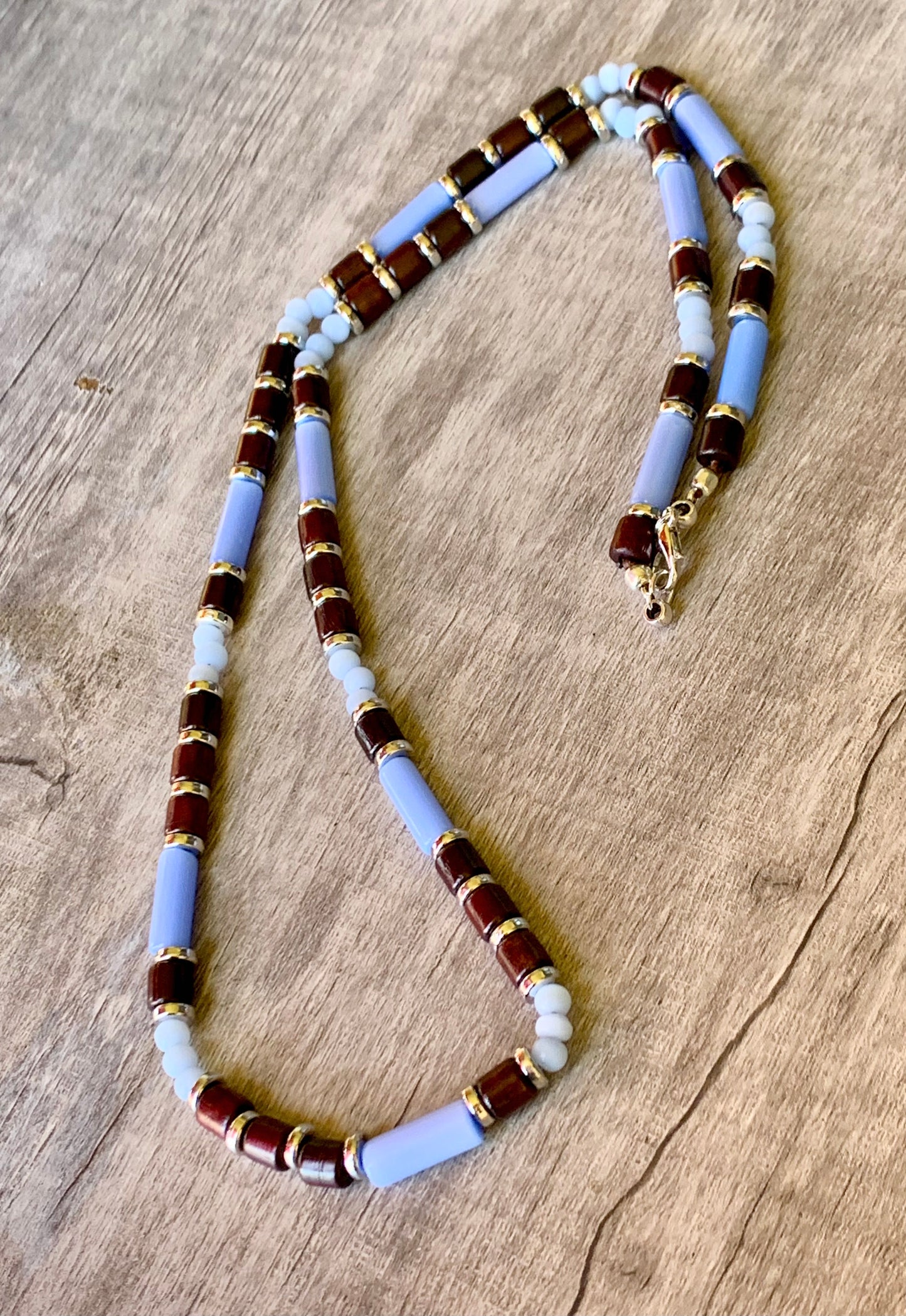 Morgan Handmade Cats Eye, Wood, and Brass 25" Beaded Necklace