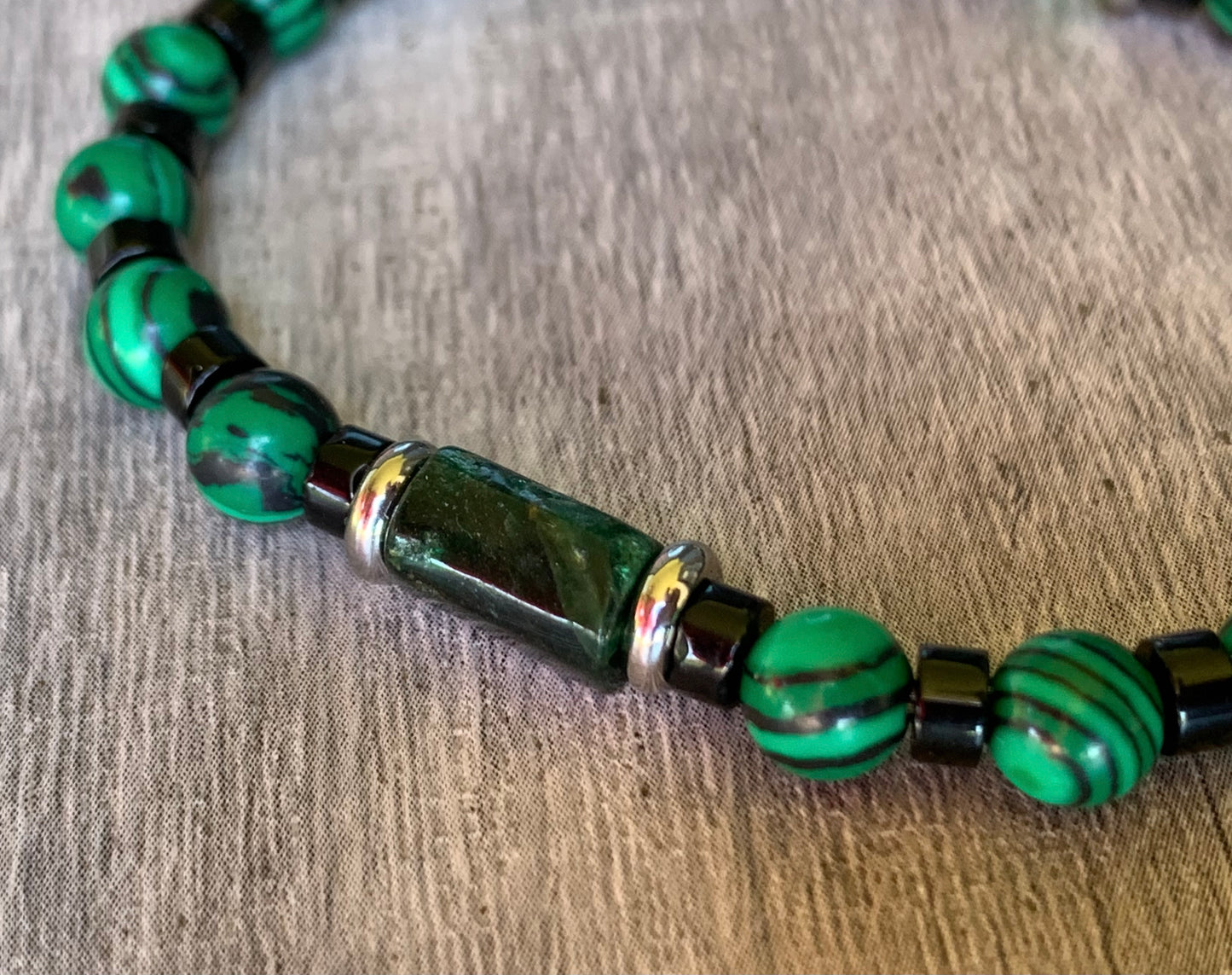 Quinn Handmade Emerald, Malachite, Black Quartz, and Moldavite Expandable Bracelet/ Anklet