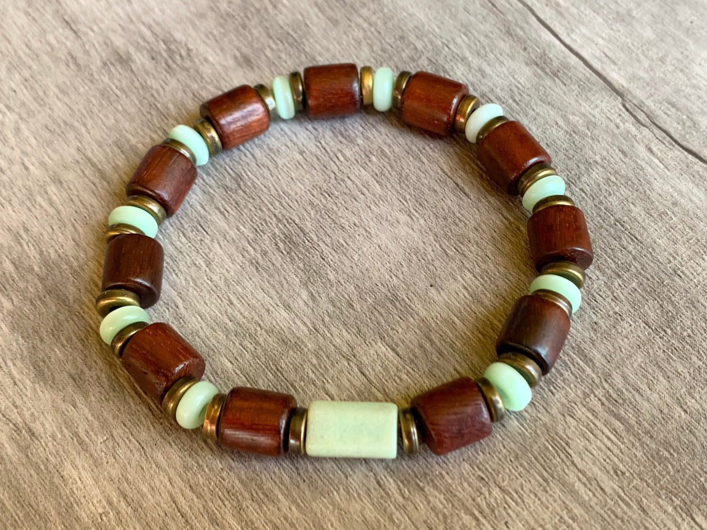 Cameron Handmade Chrysoprase, Cats Eye, Wood, and Antique Gold Expandable Bracelet