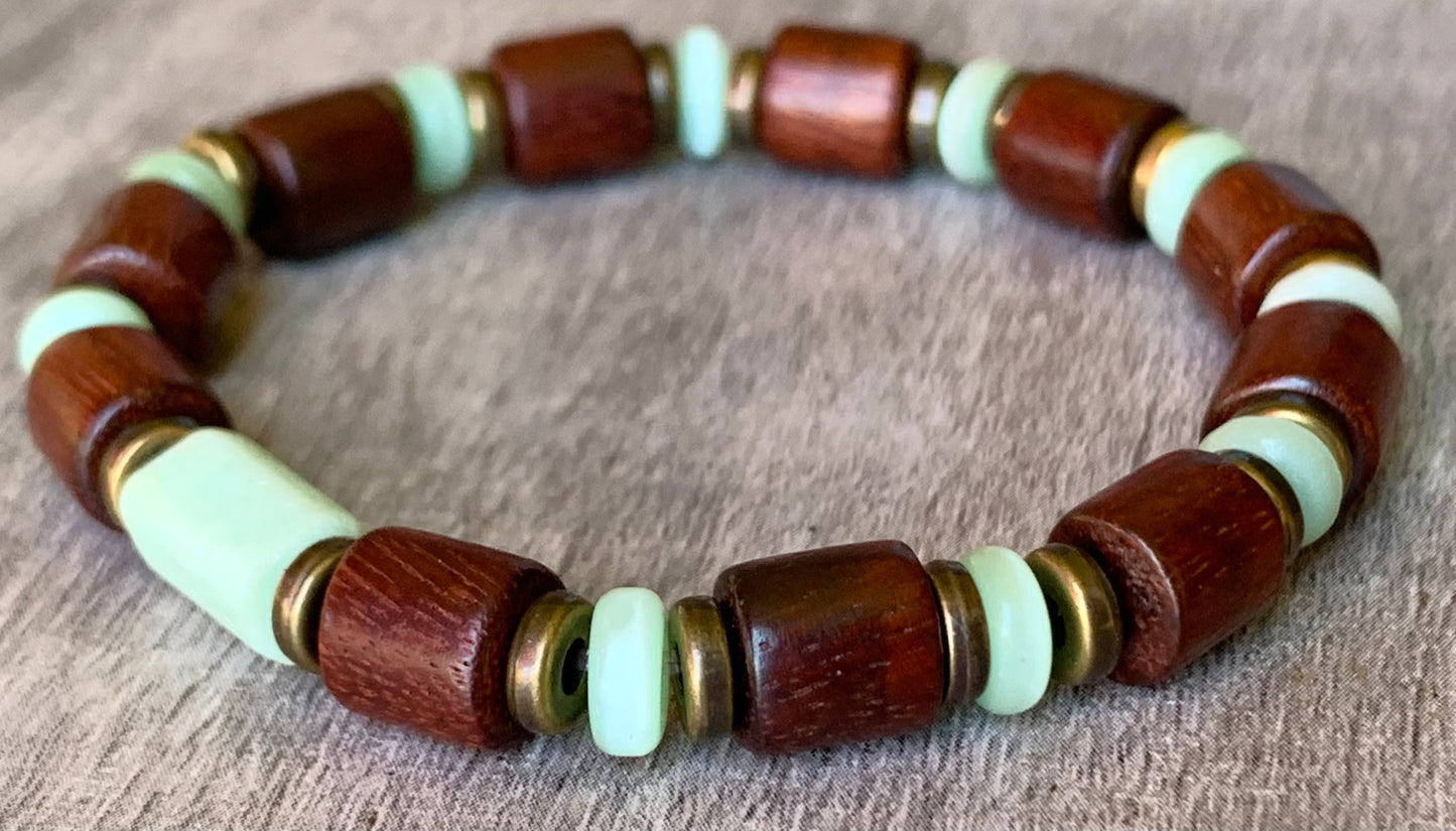 Cameron Handmade Chrysoprase, Cats Eye, Wood, and Antique Gold Expandable Bracelet