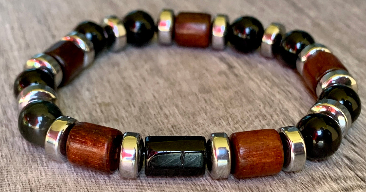 🔴SOLD🔴Jules Handmade Black Tourmaline, Obsidian, Hematite, and Wood Expandable Bracelet