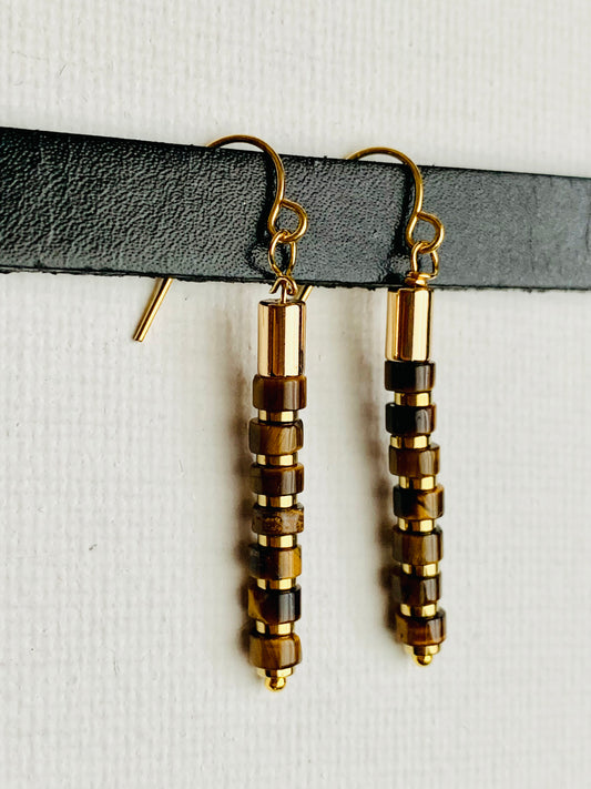 Katrina Handmade Tigers Eye and Gold Plated Hematite Stacked Earrings