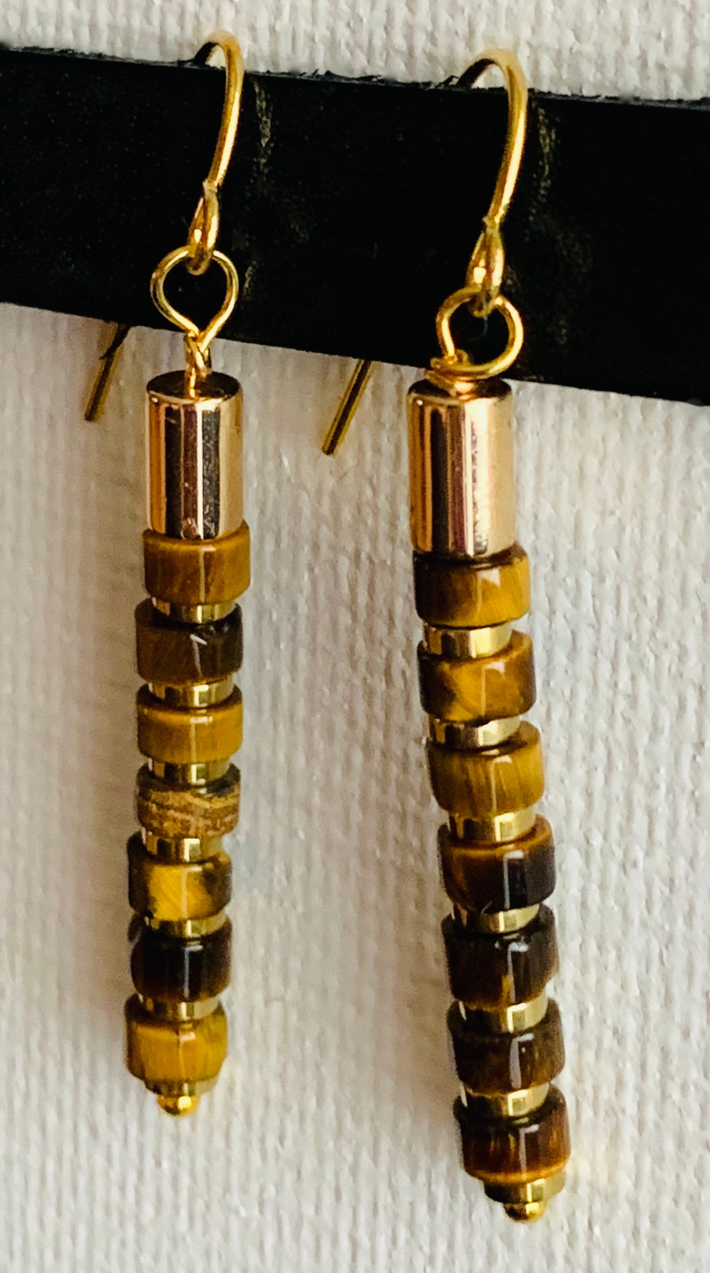 Katrina Handmade Tigers Eye and Gold Plated Hematite Stacked Earrings