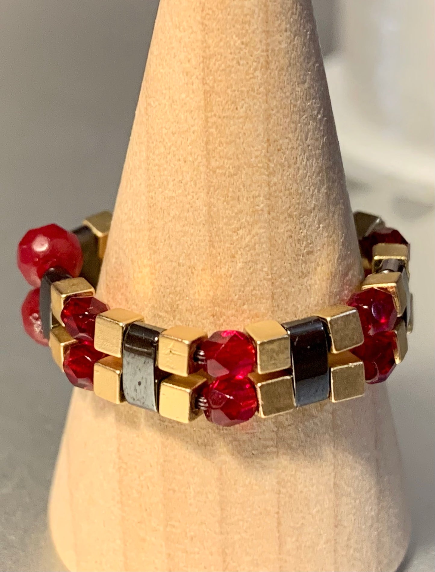 Reina Handmade Ruby, Gold and Black Hematite Expandable Ring (Size 8-8.5)
