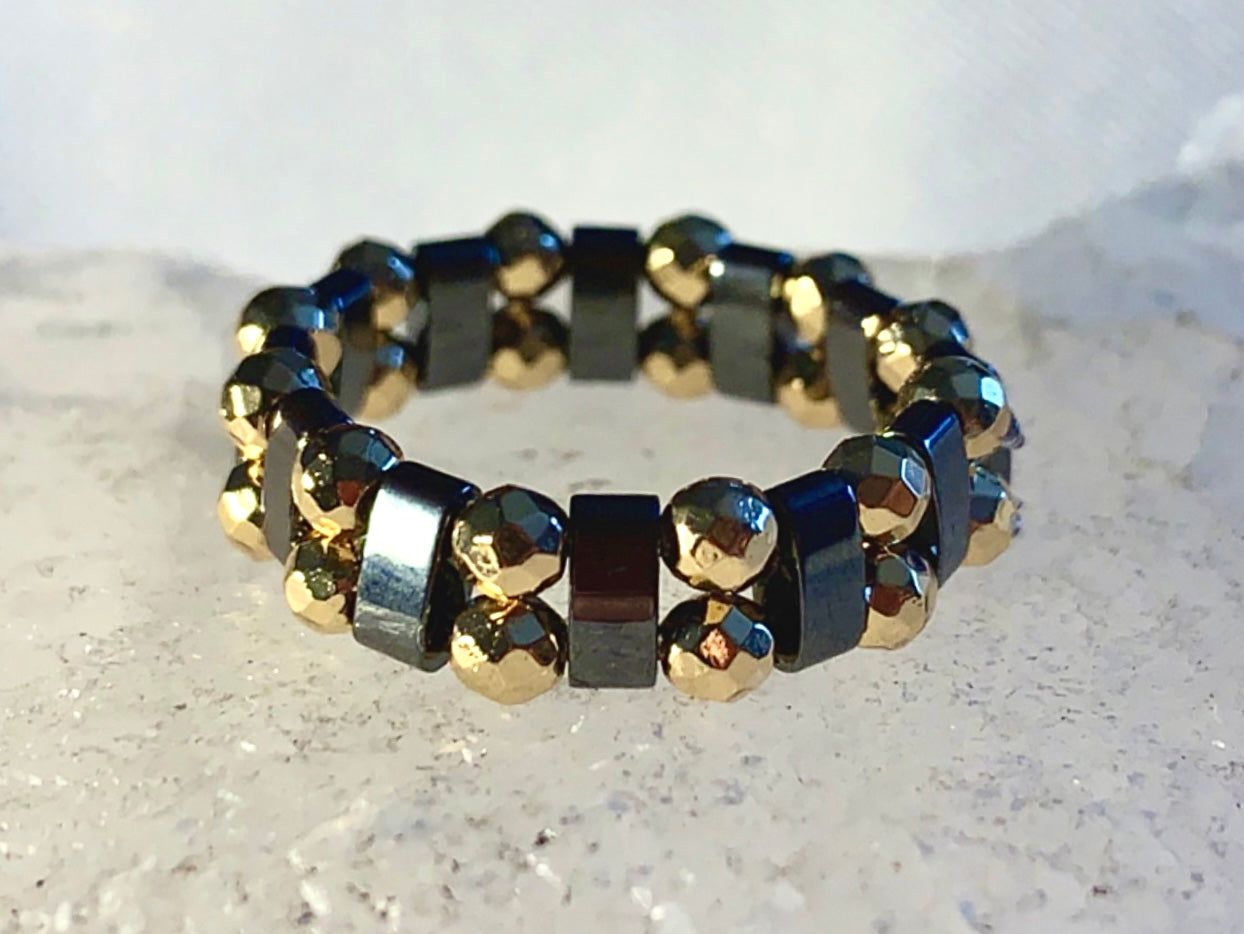 🔴SOLD🔴Charlie Handmade Black and Gold Hematite Expandable Ring (Size 7.5-8.5)