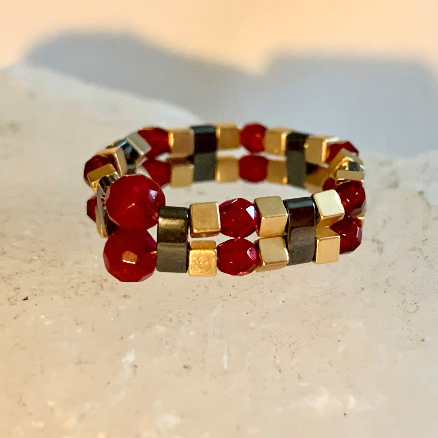Reina Handmade Ruby, Gold and Black Hematite Expandable Ring (Size 8-8.5)