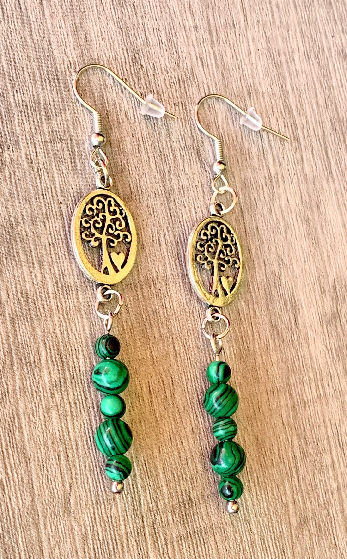 Illanna Handmade Malachite Dangle Earrings with Tree Pendants