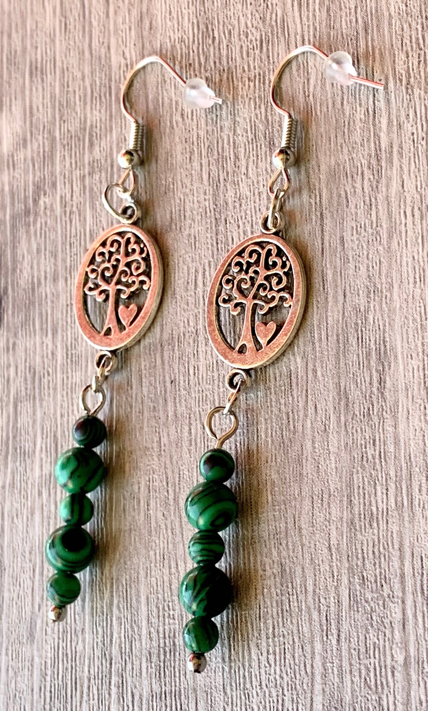 Illanna Handmade Malachite Dangle Earrings with Tree Pendants