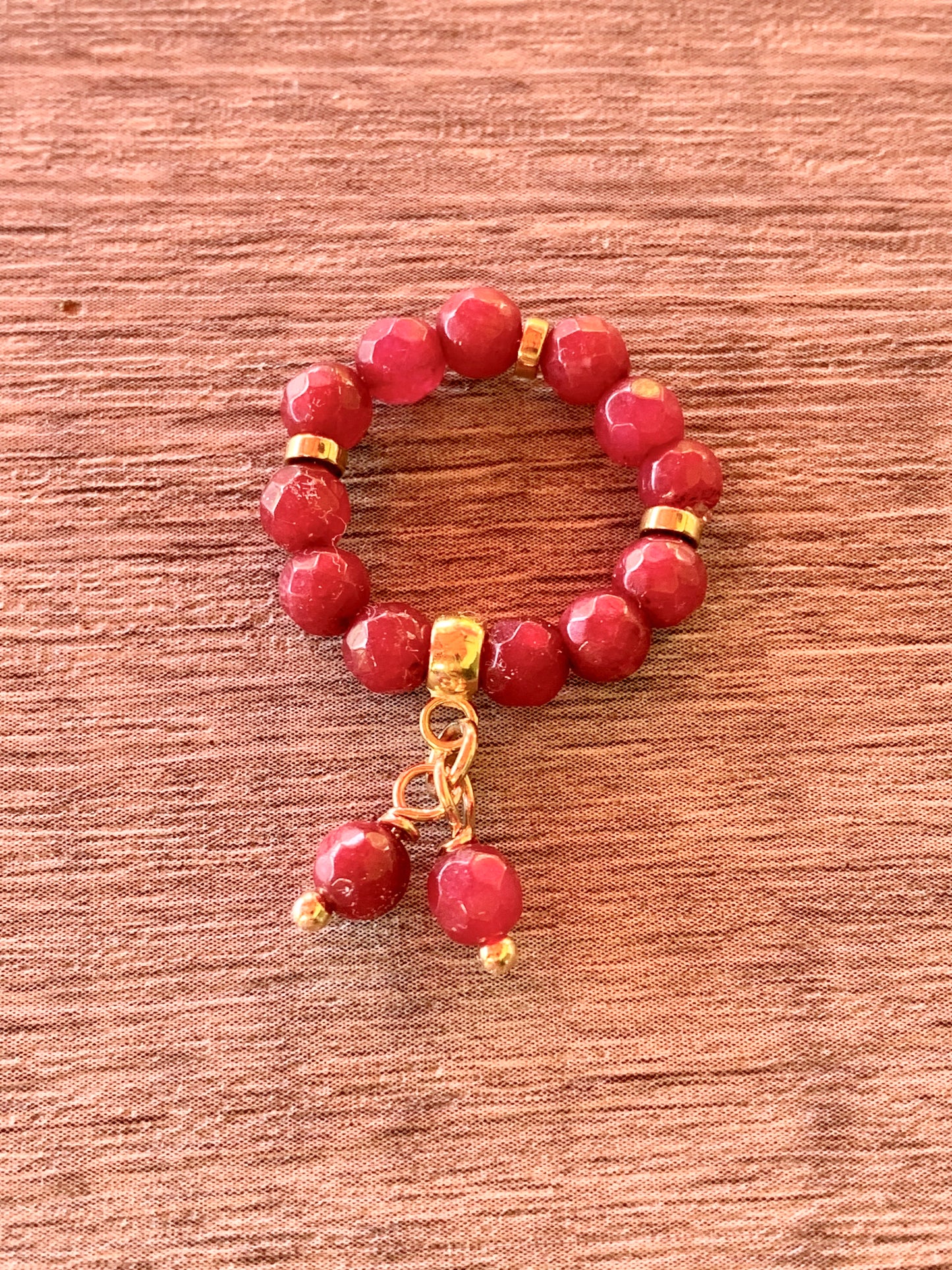 Cherries Handmade Rubies and Gold Plated Hematite Expandable Dangle Rings