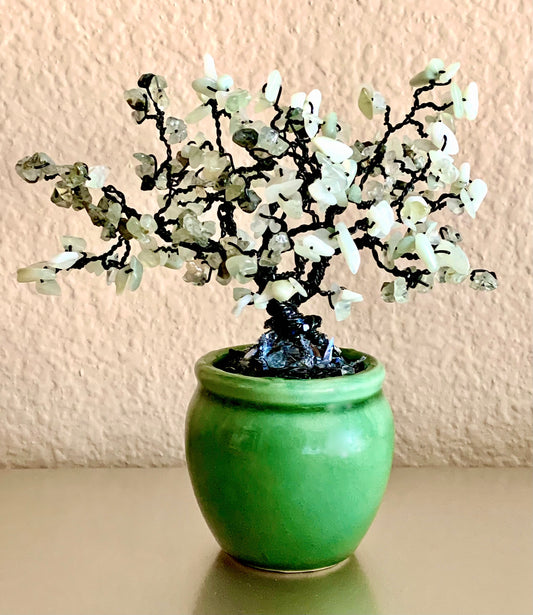 Handmade Sea Foam Jade and Prehnite 6" Mini Gemstone Tree in Green Ceramic Pot