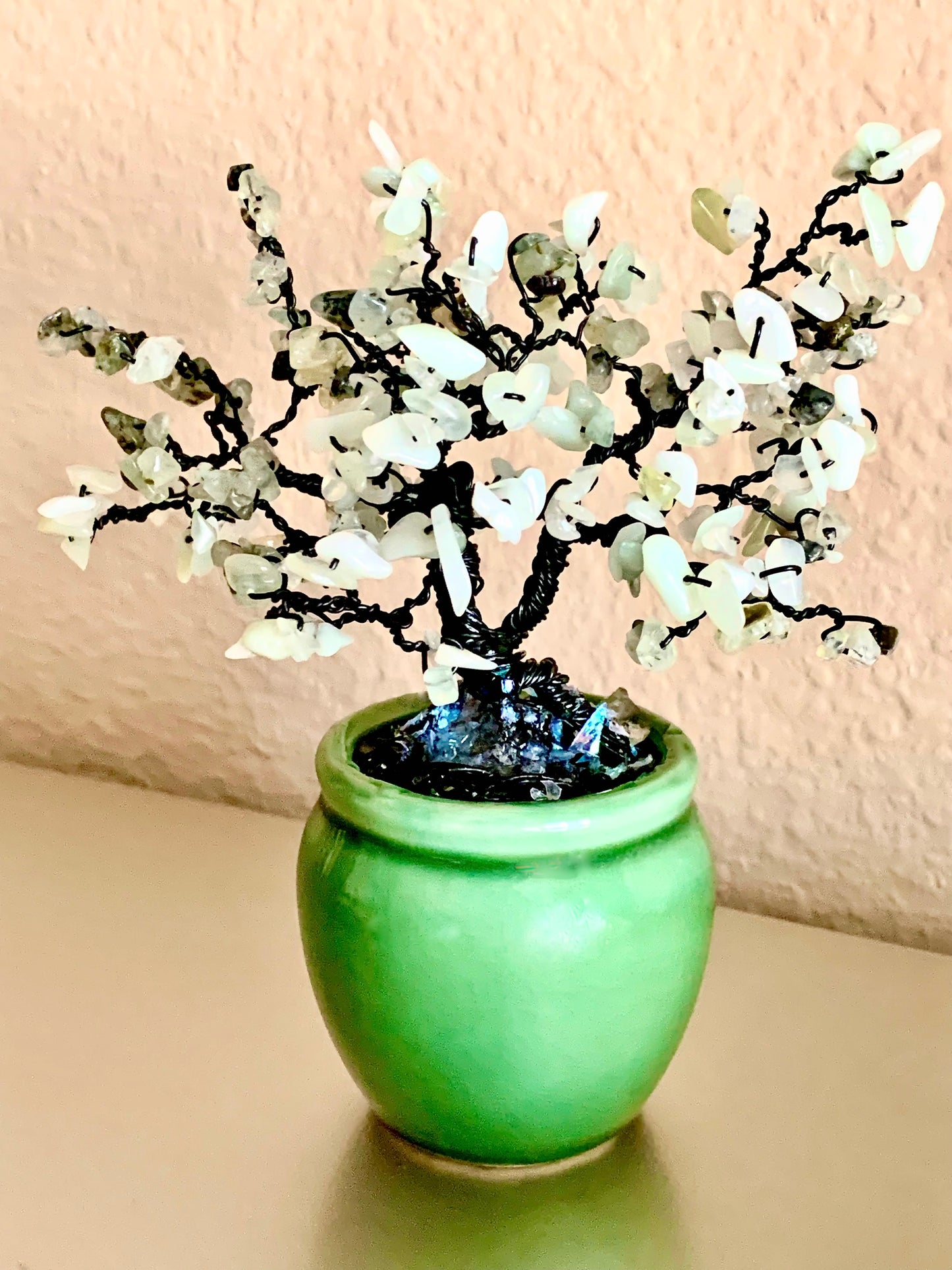 Handmade Sea Foam Jade and Prehnite 6" Mini Gemstone Tree in Green Ceramic Pot