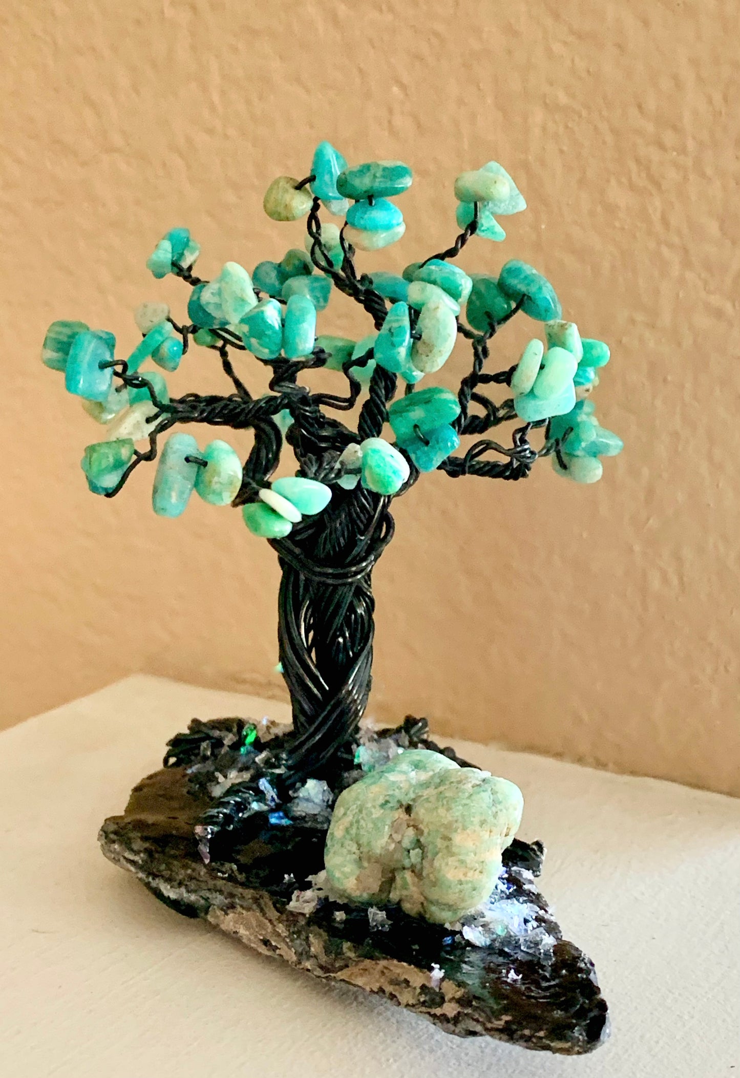 Lady Luck Handmade Amazonite and Obsidian 5" Mini Gemstone Tree Sculpture