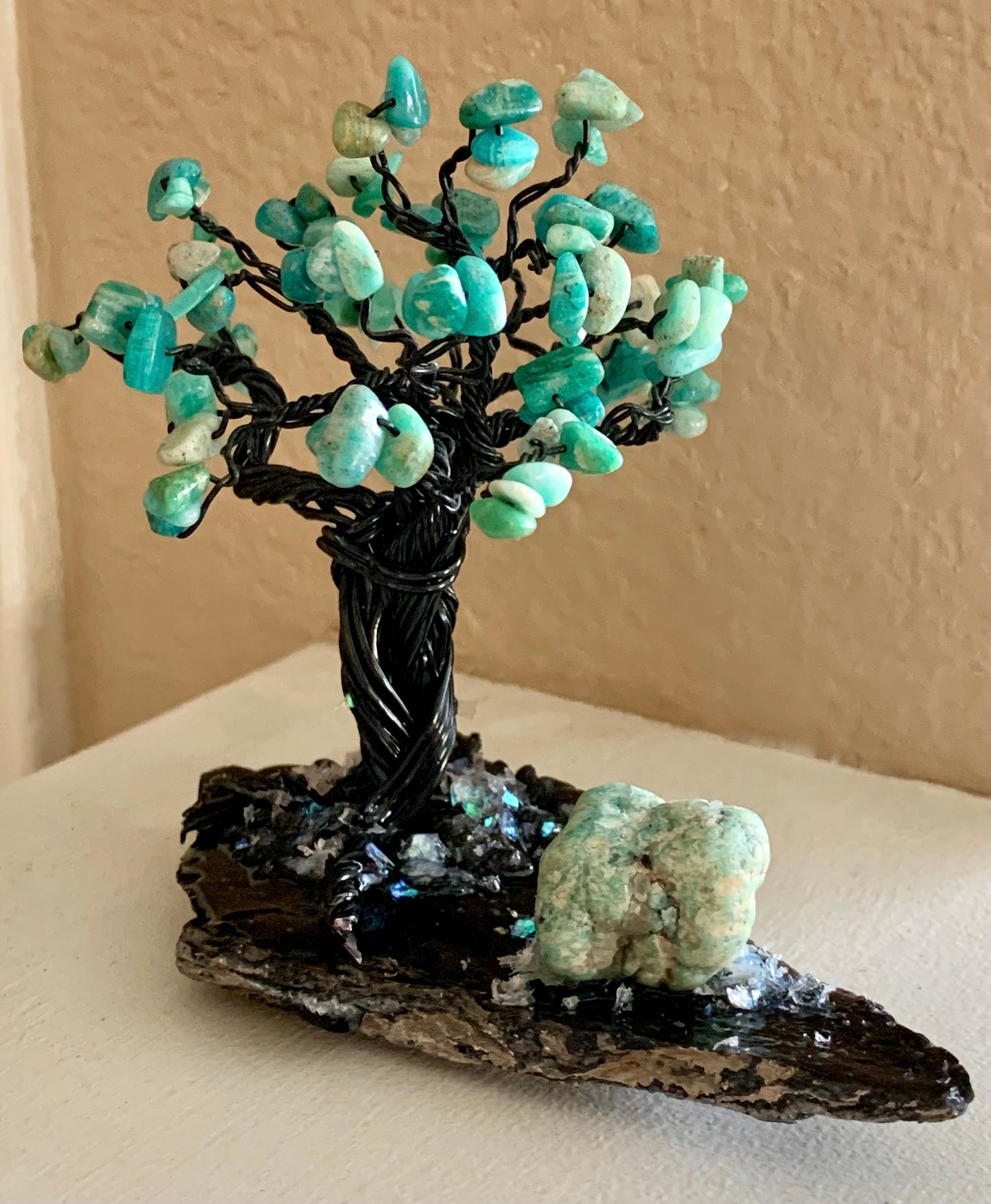 Lady Luck Handmade Amazonite and Obsidian 5" Mini Gemstone Tree Sculpture