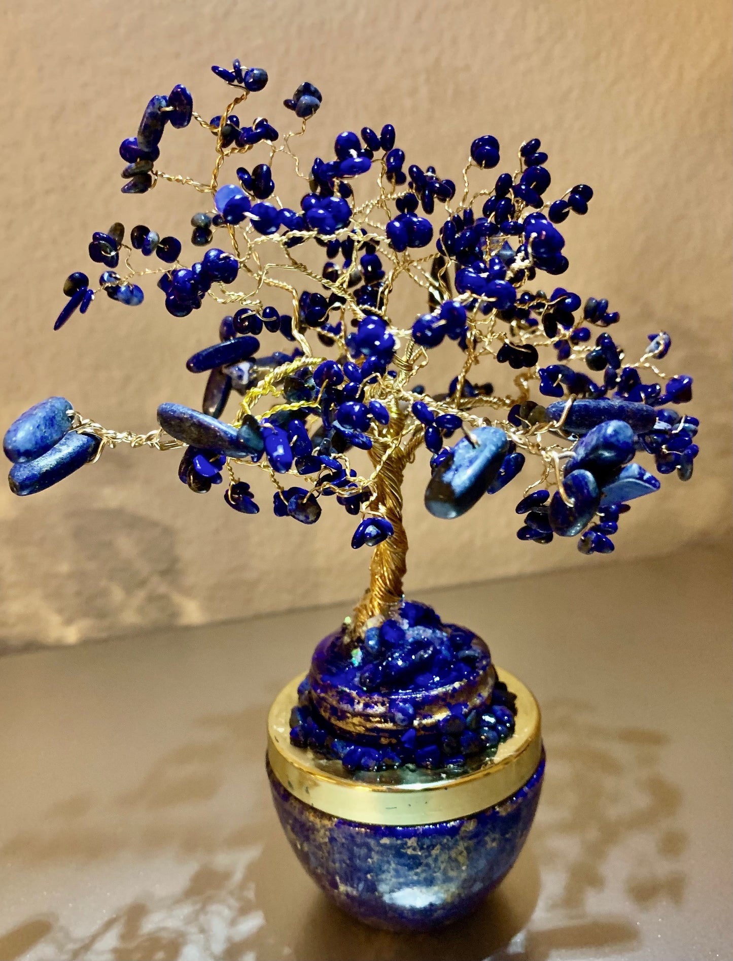 Handmade Lapis Lazuli and Sodalite 8" Gemstone Tree Sculpture in a Painted Glass Pot by Sharmaine Rayner