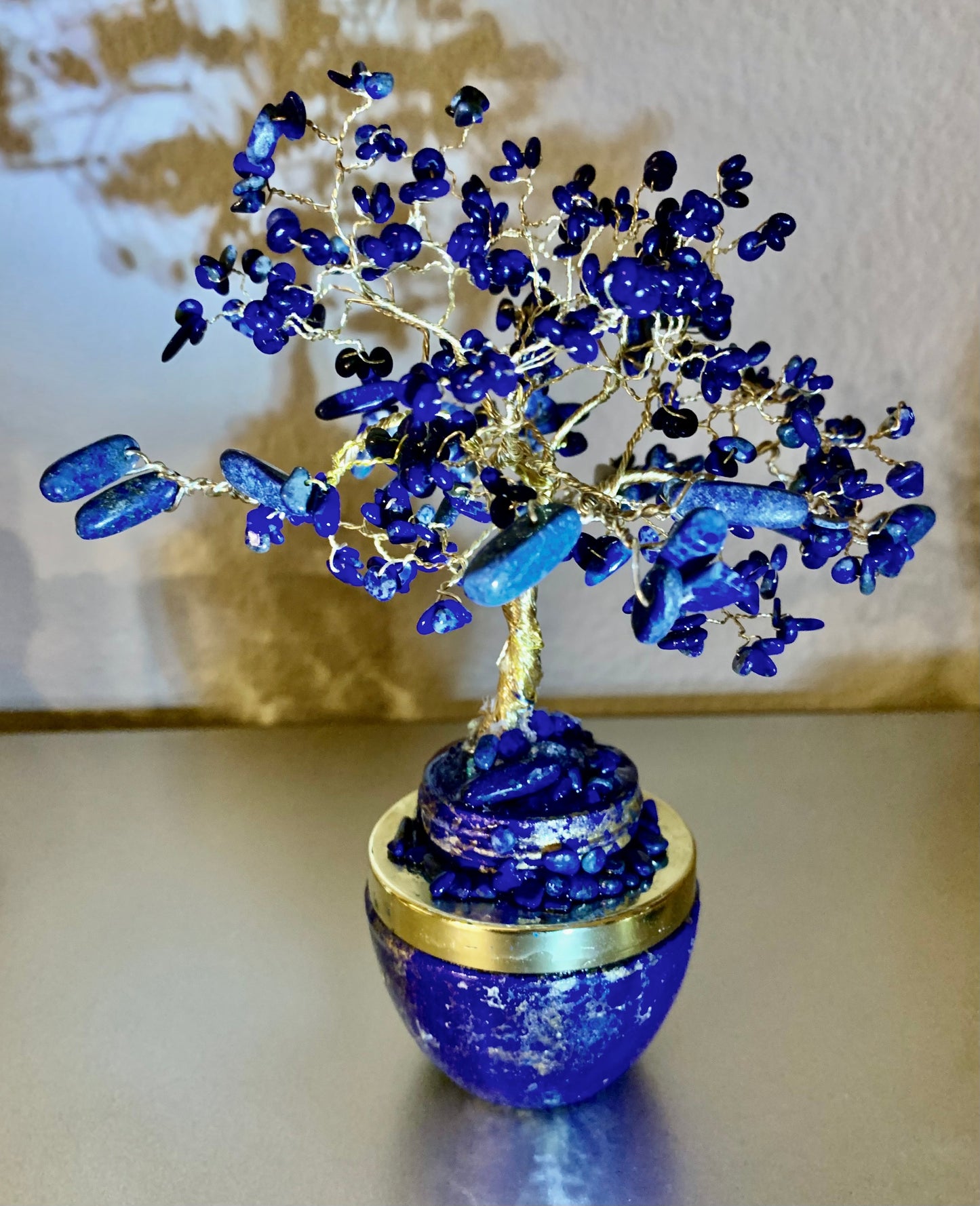 Handmade Lapis Lazuli and Sodalite 8" Gemstone Tree Sculpture in a Painted Glass Pot by Sharmaine Rayner