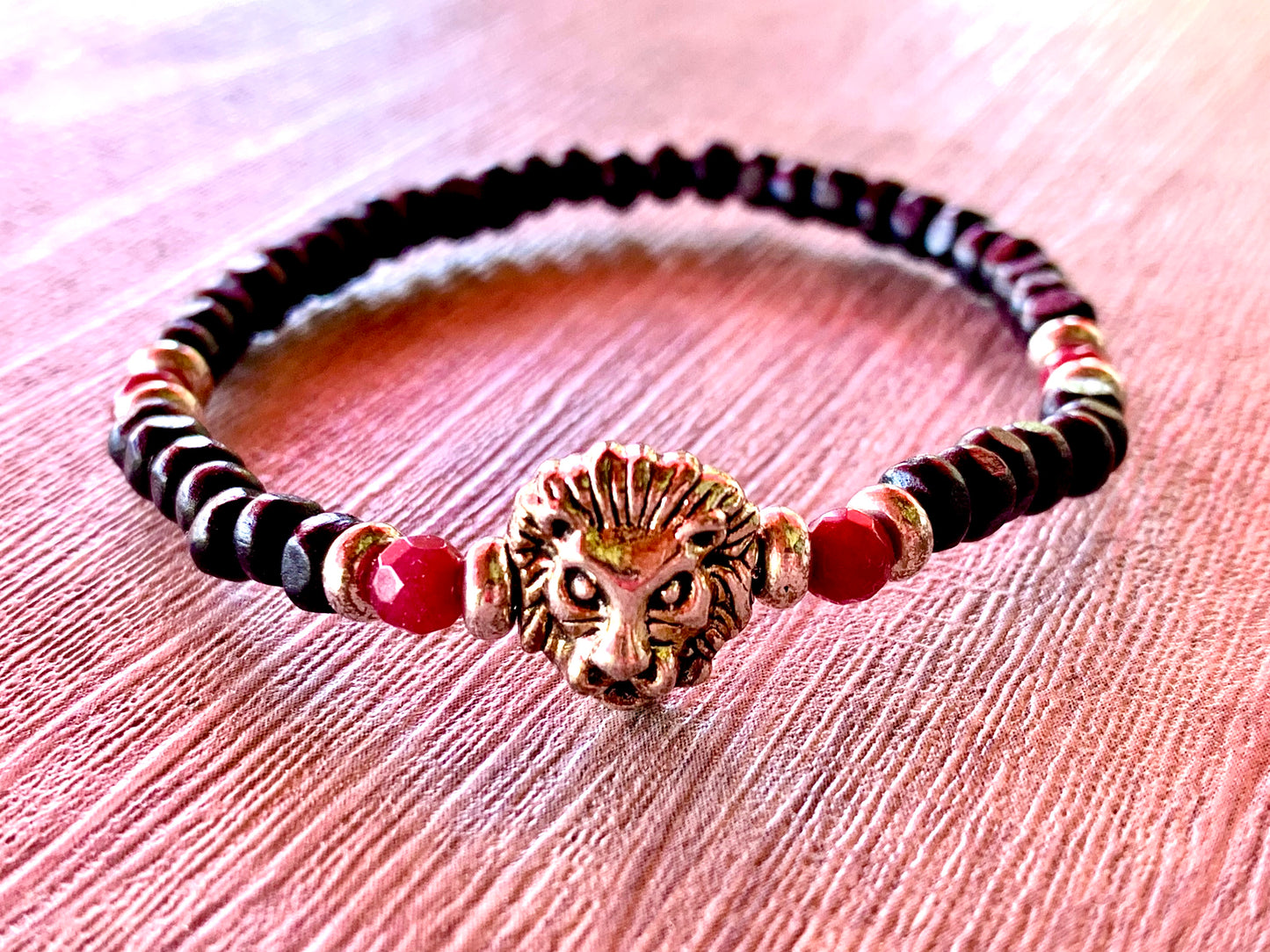 Leo Handmade Ruby, Gold Plated Hematite, and White Lava Or Black Wood Beaded Expandable Bracelet with Lion Charm