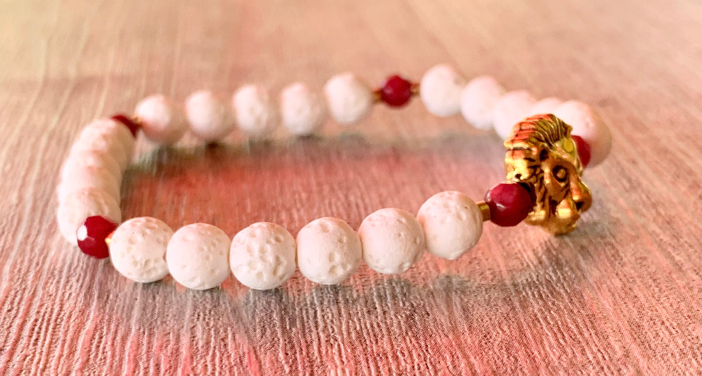 Leo Handmade Ruby, Gold Plated Hematite, and White Lava Or Black Wood Beaded Expandable Bracelet with Lion Charm