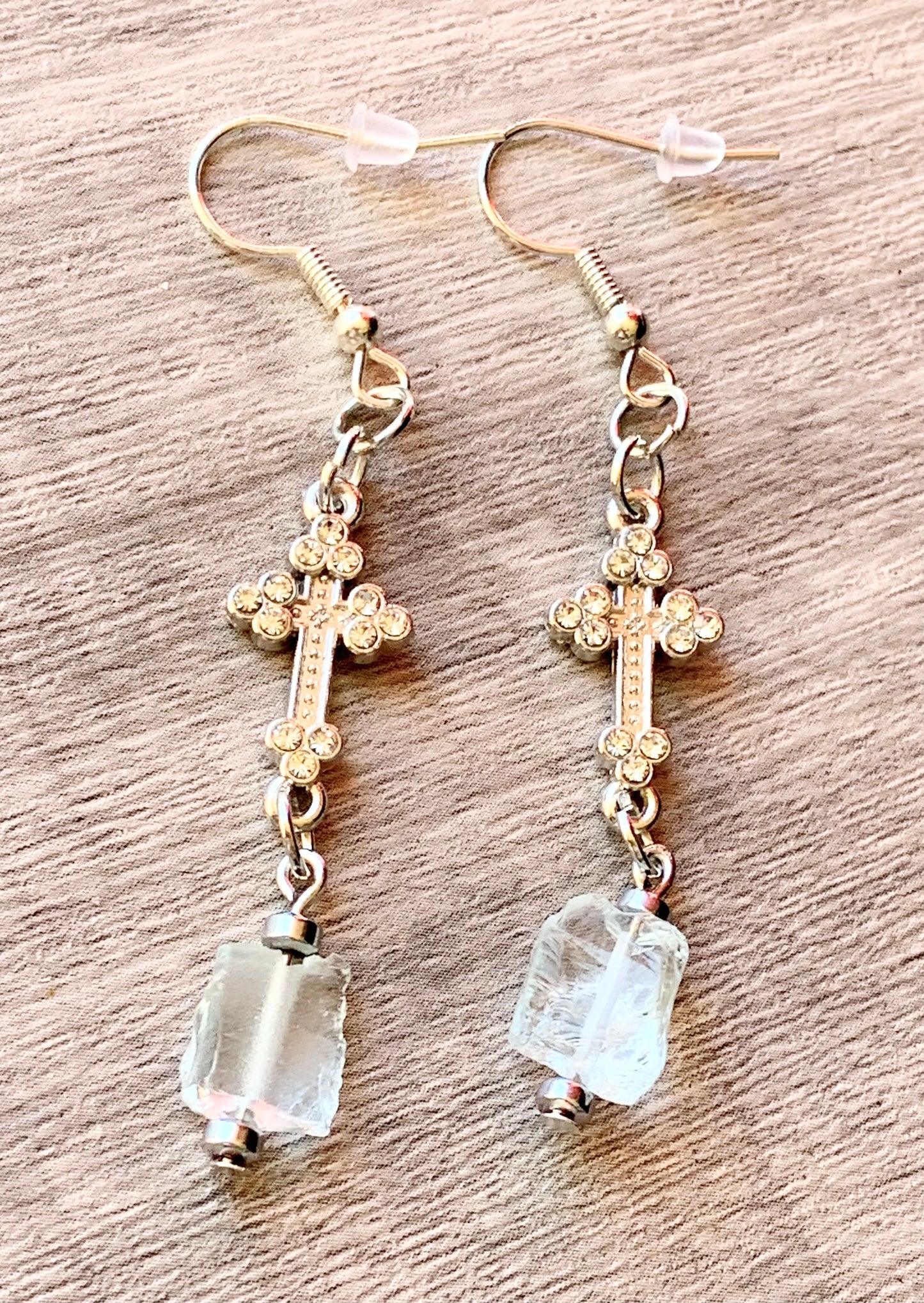 Linore Handmade Raw Light Blue Topaz and Silver Plated Hematite Earrings with a Rhinestone Cross