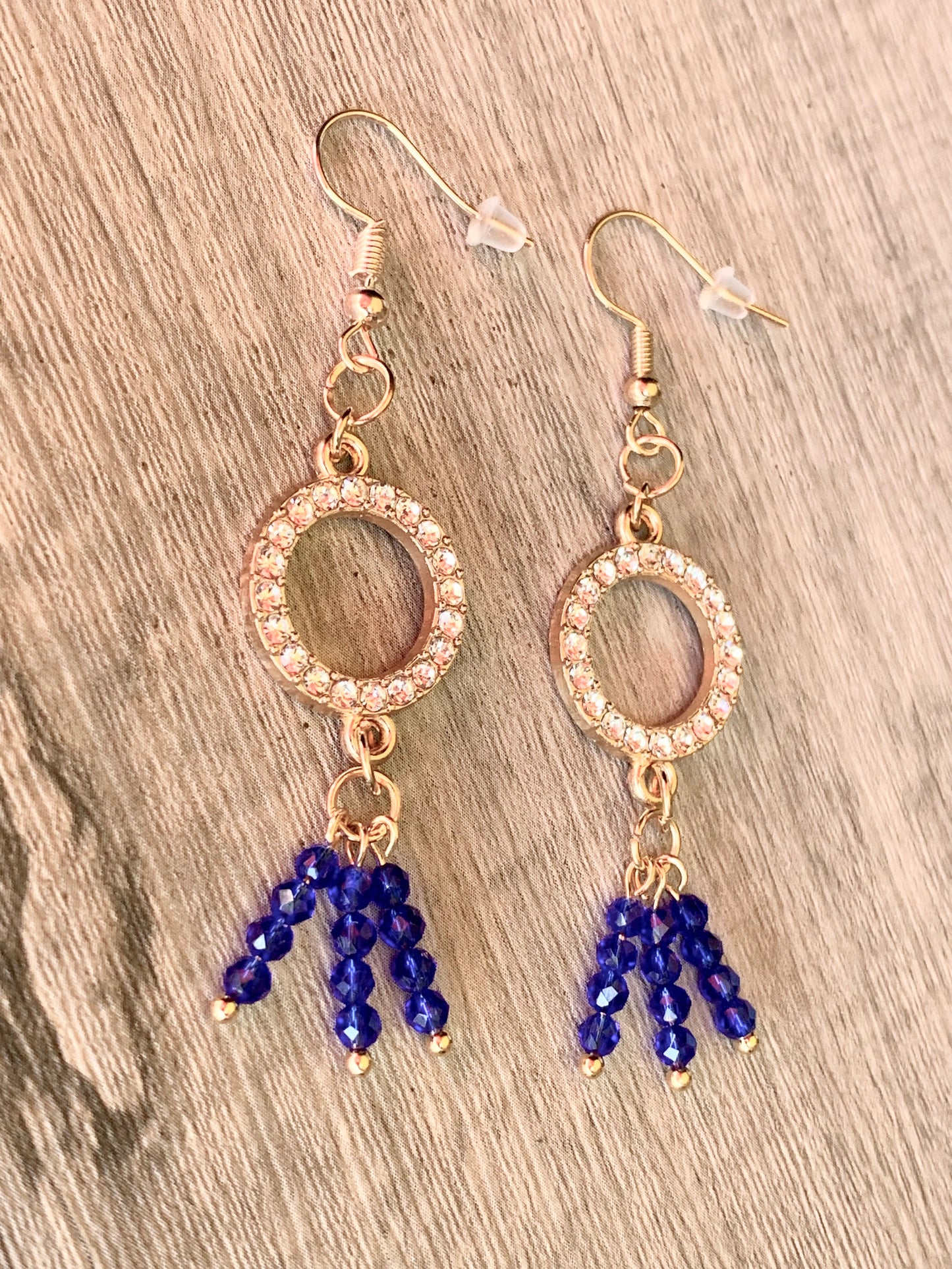 Luz Handmade Blue Sapphire Dangle Earrings with Rhinestone Circles