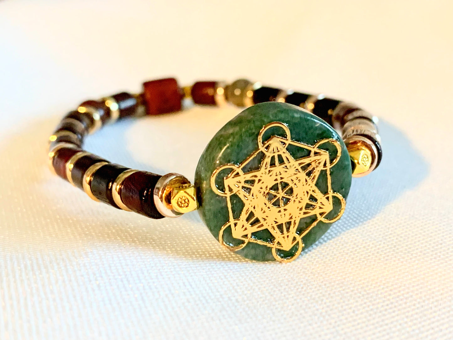 🔴SOLD🔴 Michael Handmade Italian Green Marble, Bloodstone, and Wood Expandable Bracelet
