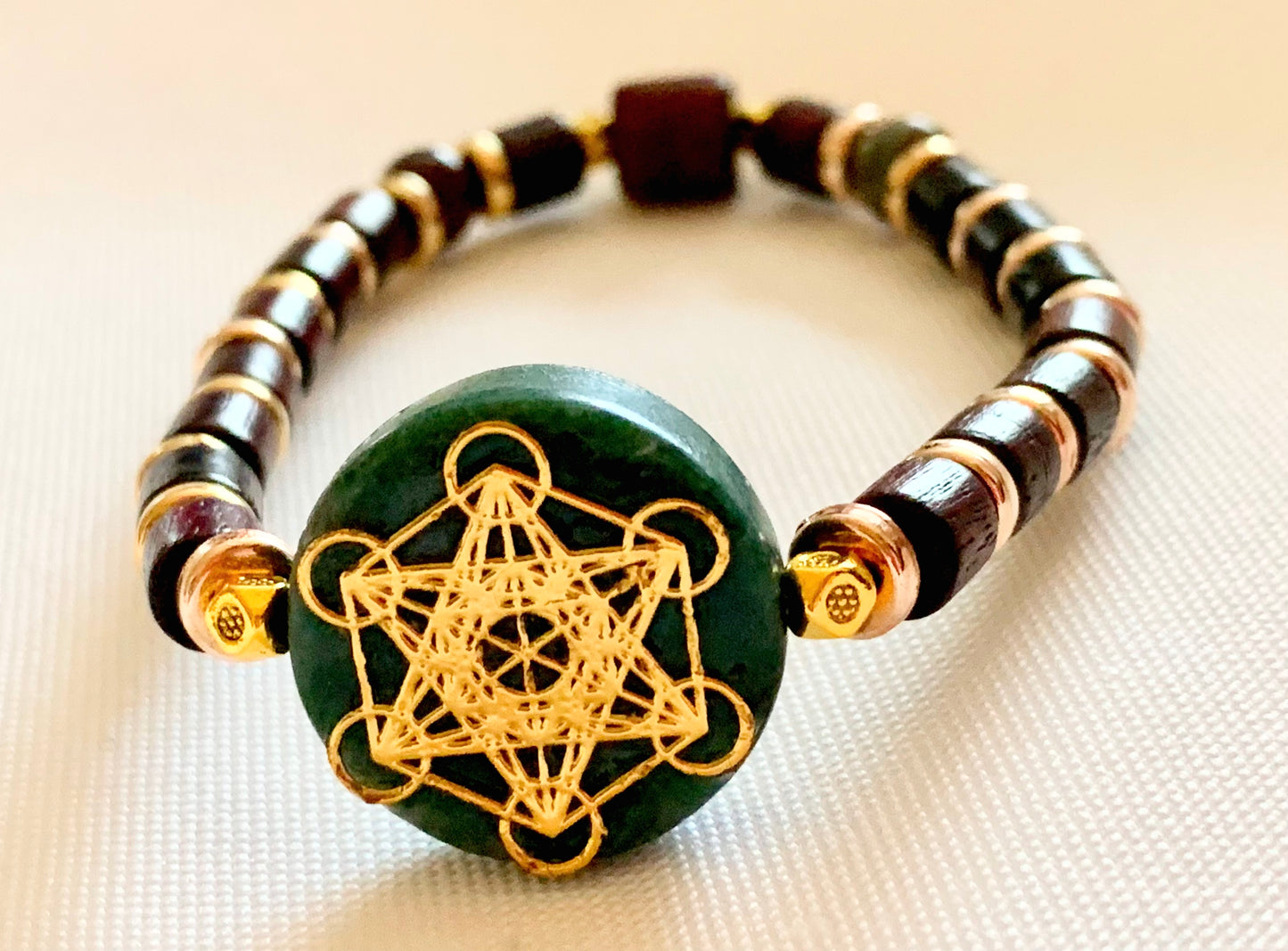 🔴SOLD🔴 Michael Handmade Italian Green Marble, Bloodstone, and Wood Expandable Bracelet