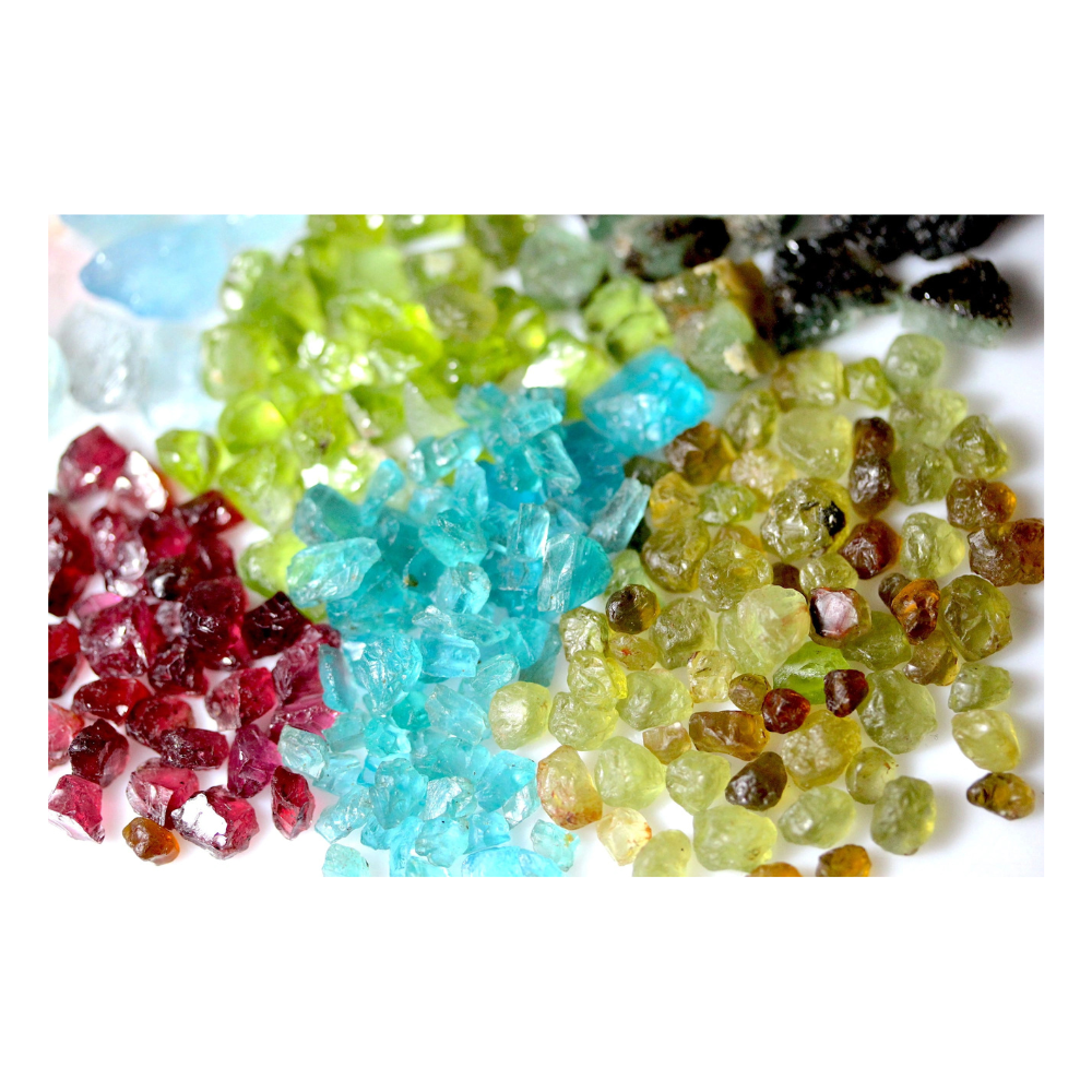 1262 Carat Mixed Gemstone Rough Parcel- Emeralds, Beryls, Garnets, Peridot, Apatite