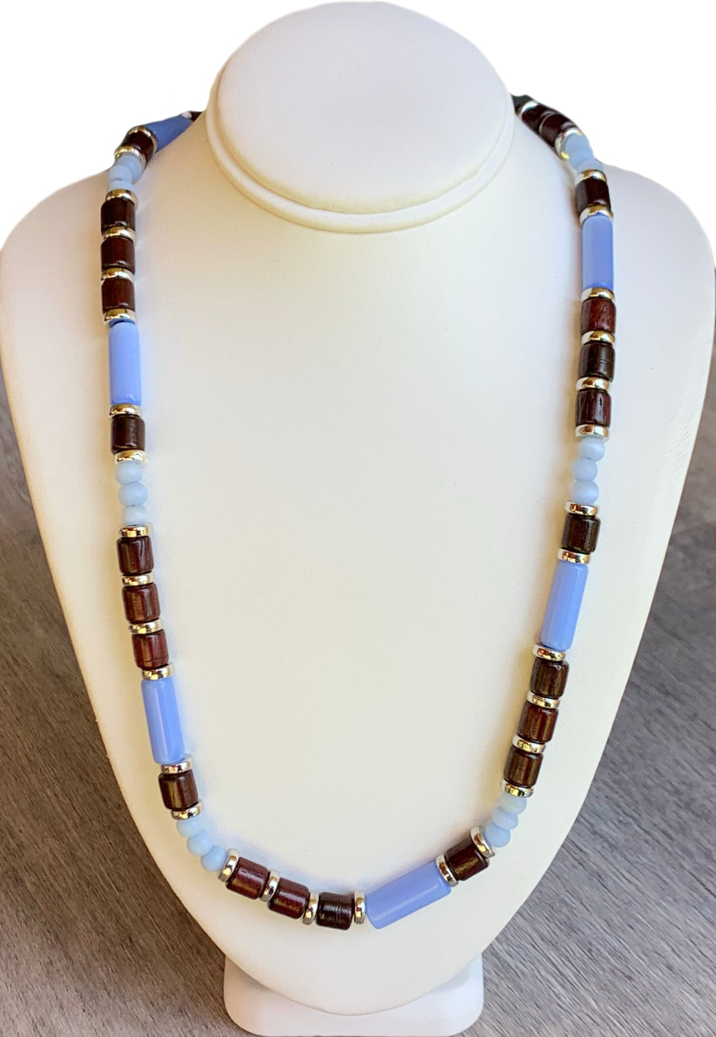 Morgan Handmade Cats Eye, Wood, and Brass 25" Beaded Necklace