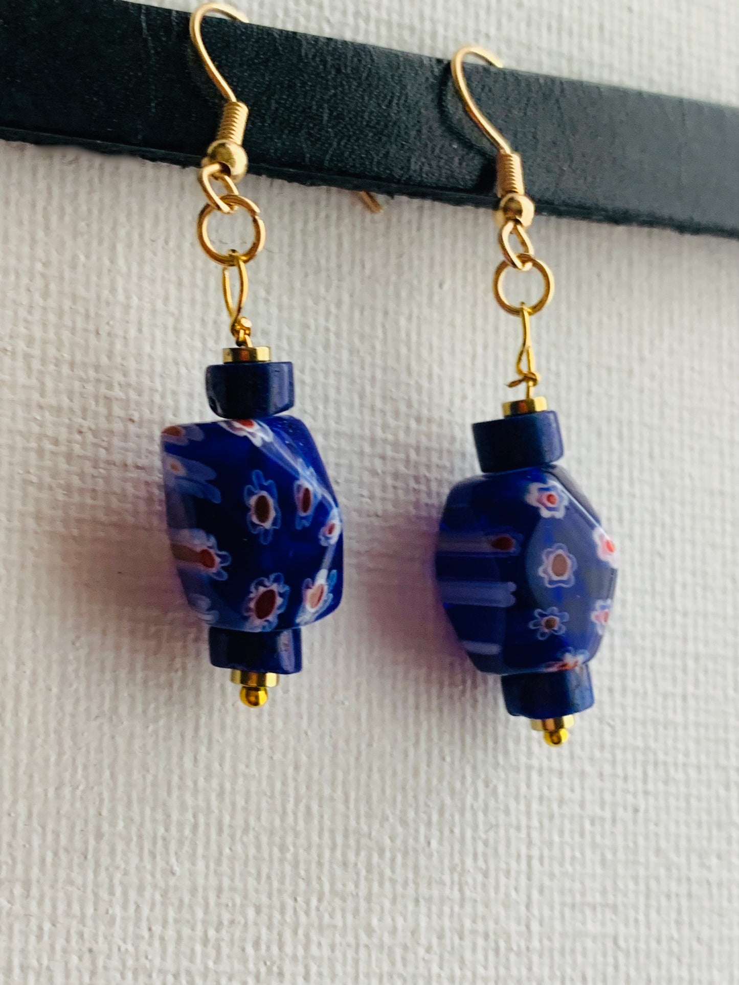 Myrna Handmade Lapis Lazuli, Millefiori Bead, and Gold Plated Hematite Earrings