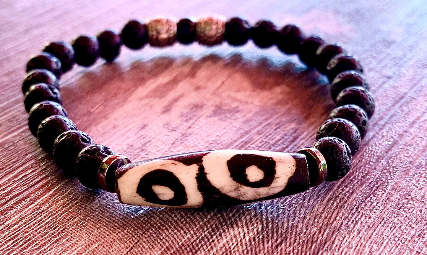 Omari Handmade Tribal Carved Bone, Black Lava Stone, and Black Tourmaline Expandable Bracelet