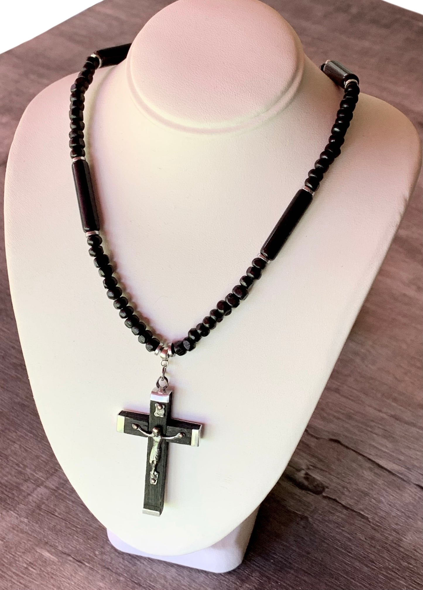 Paulo Handmade Cats Eye, Wood, and Hematite 30" Necklace with a Vintage Cross