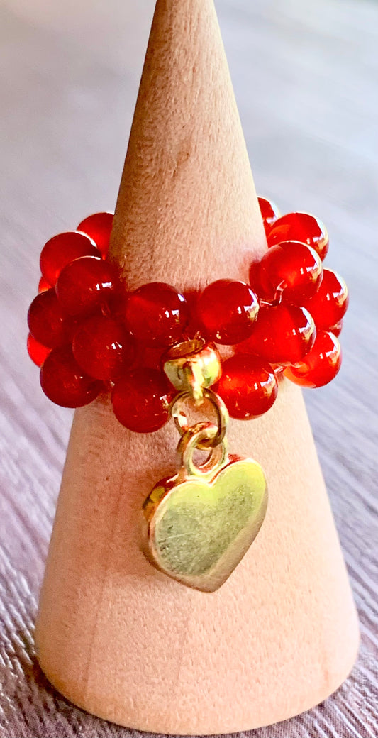 🔴SOLD🔴Phoenix Handmade Carnelian and Gold Hematite Expandable Ring with Dangle Heart Charm