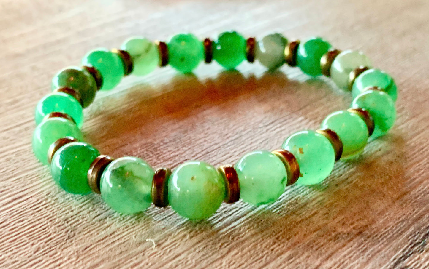 🔴SOLD🔴Sage Handmade Green Jade with Antique Gold Accents Expandable Bracelet