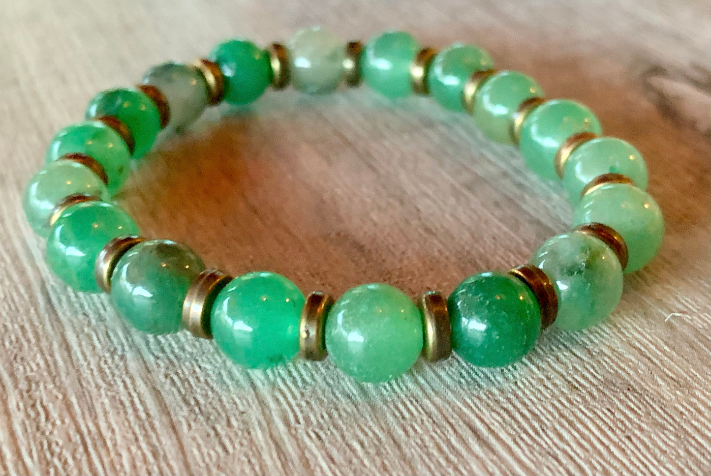 🔴SOLD🔴Sage Handmade Green Jade with Antique Gold Accents Expandable Bracelet