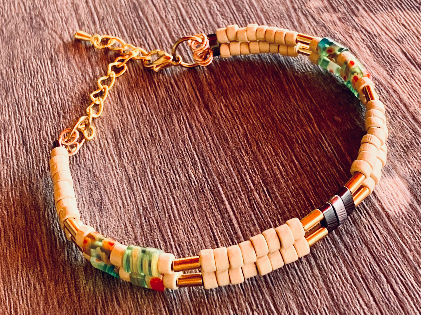 Sammie Handmade Wood, Hematite, and Mille Fiori Glass Bracelet