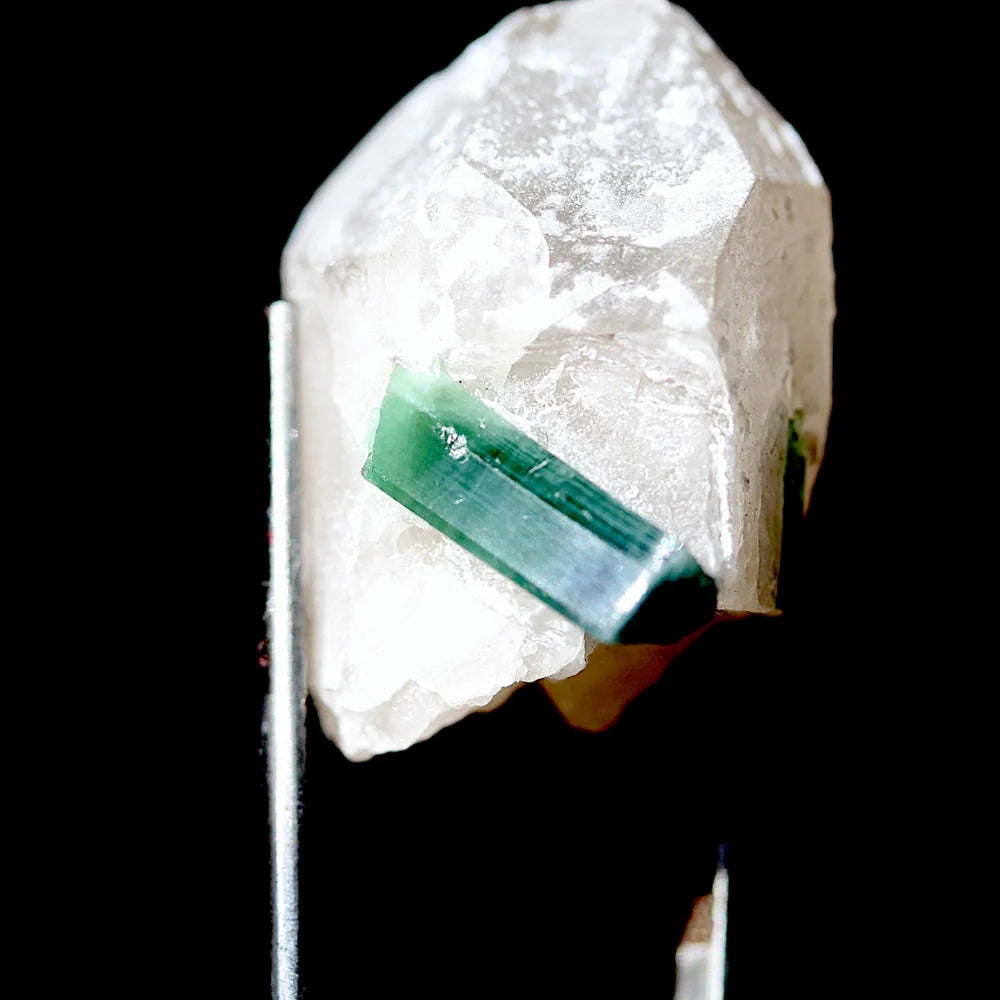 12.8 Gram Bluish Green Small Size Tourmaline Crystal on Quartz – Afghanistan