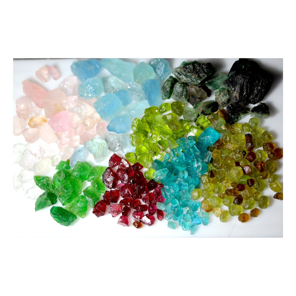 1262 Carat Mixed Gemstone Rough Parcel- Emeralds, Beryls, Garnets, Peridot, Apatite