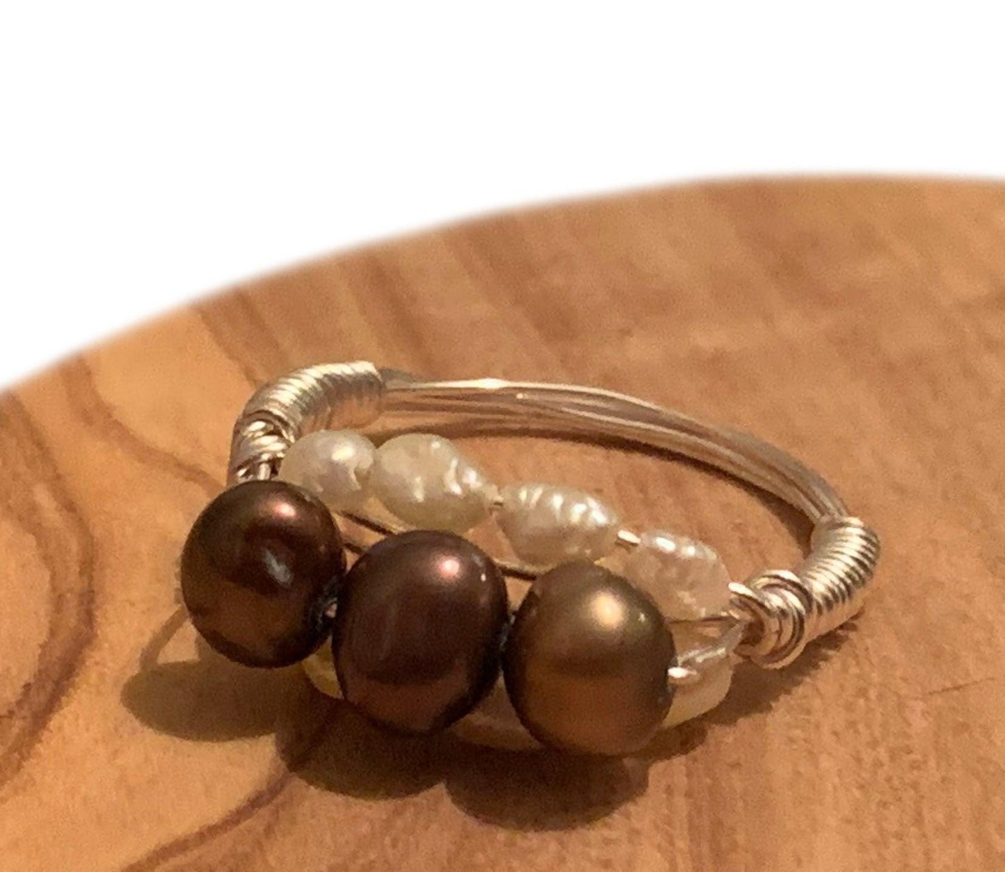 Chocolate N Rice Handmade Wire Wrapped Tahitian Chocolate Pearl and Rice Pearl Ring (Size 6) - Born Mystics