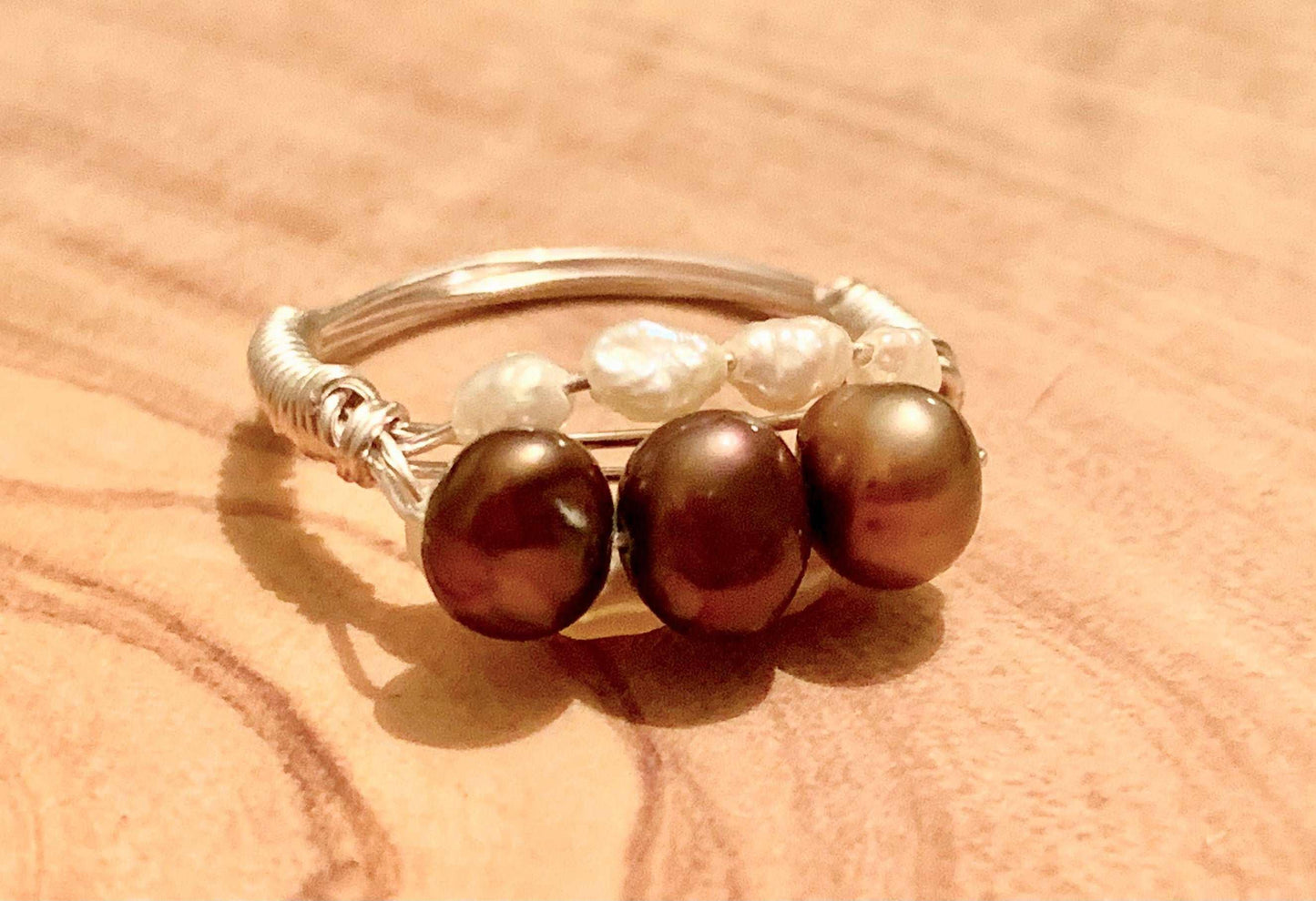 Chocolate N Rice Handmade Wire Wrapped Tahitian Chocolate Pearl and Rice Pearl Ring (Size 6)