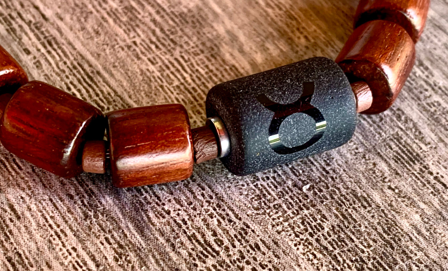Taurus Handmade Black Onyx, Hematite, and Wood Expandable Bracelet
