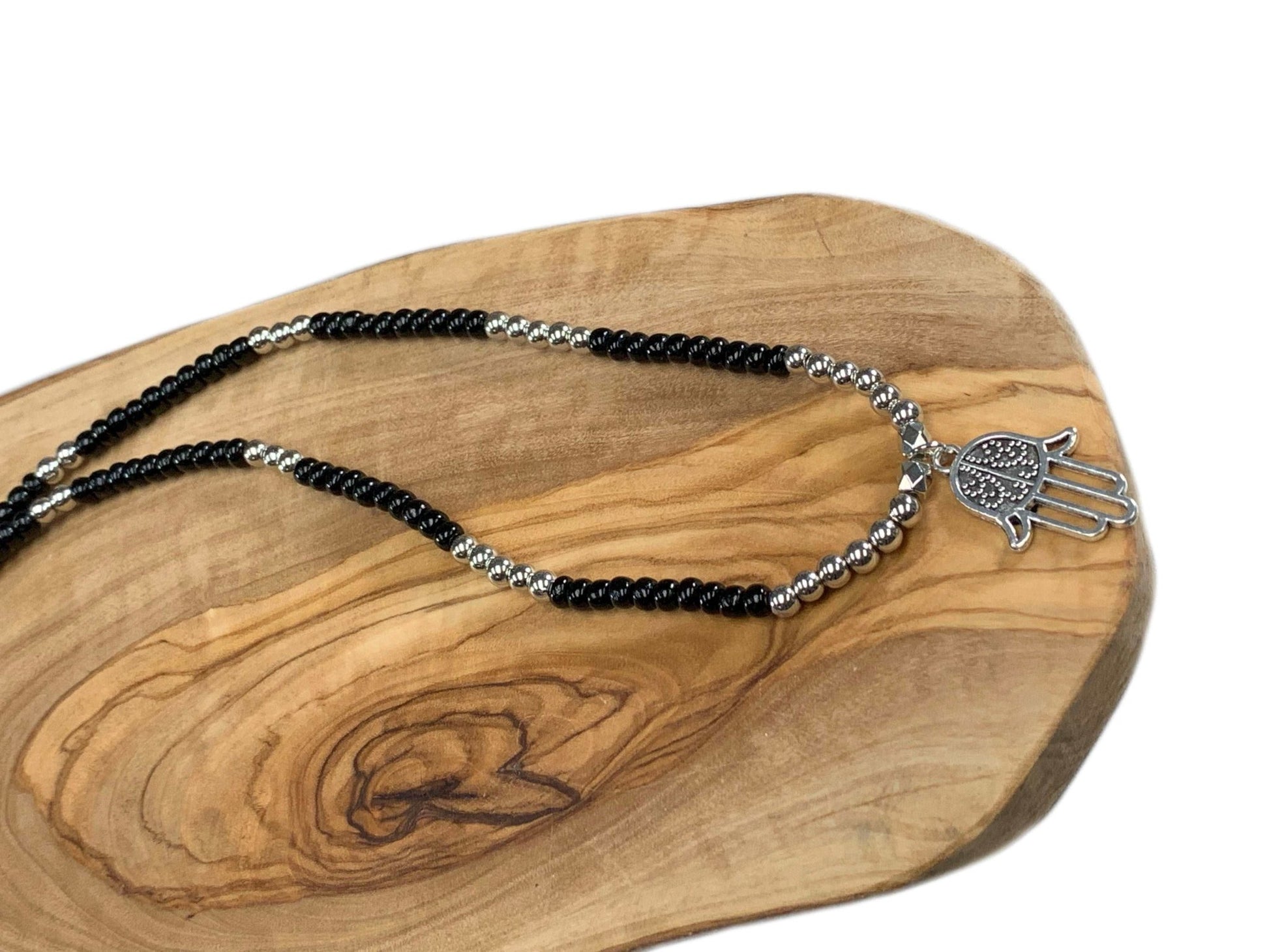 Alexa Handmade Beaded Necklace with Silver Hamsa Pendant - Born Mystics
