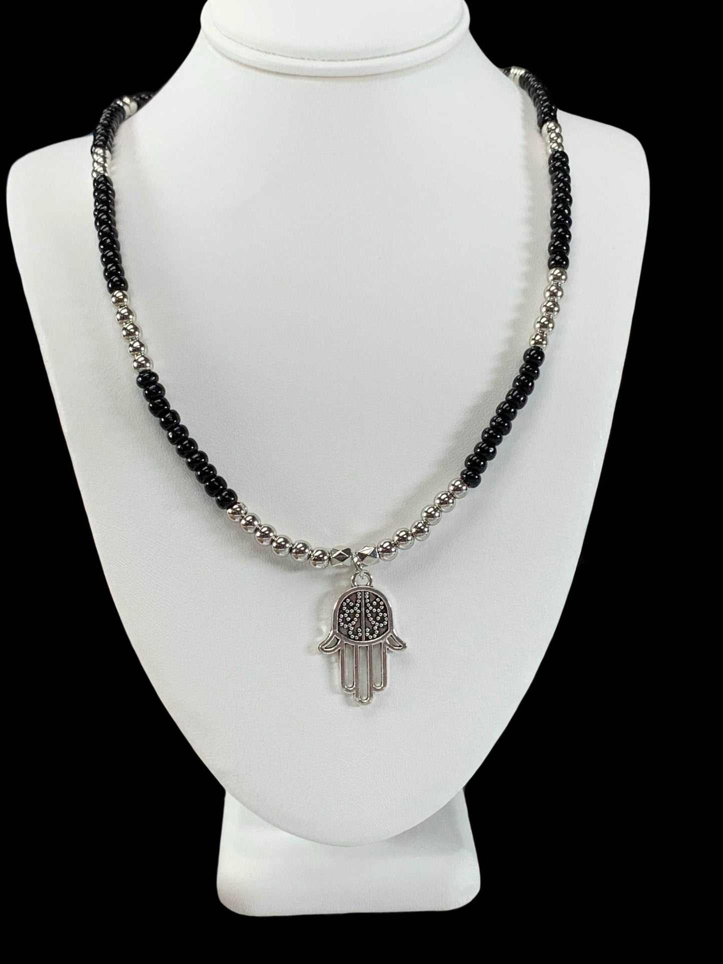 Alexa Handmade Beaded Necklace with Silver Hamsa Pendant - Born Mystics