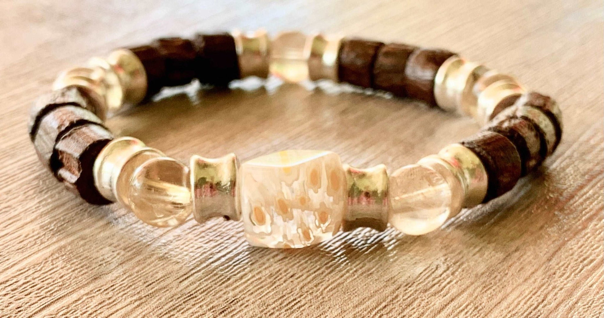 Andy Handmade Wood and Citrine Expandable Bracelet with a Millefiori Bead Center Piece - Born Mystics