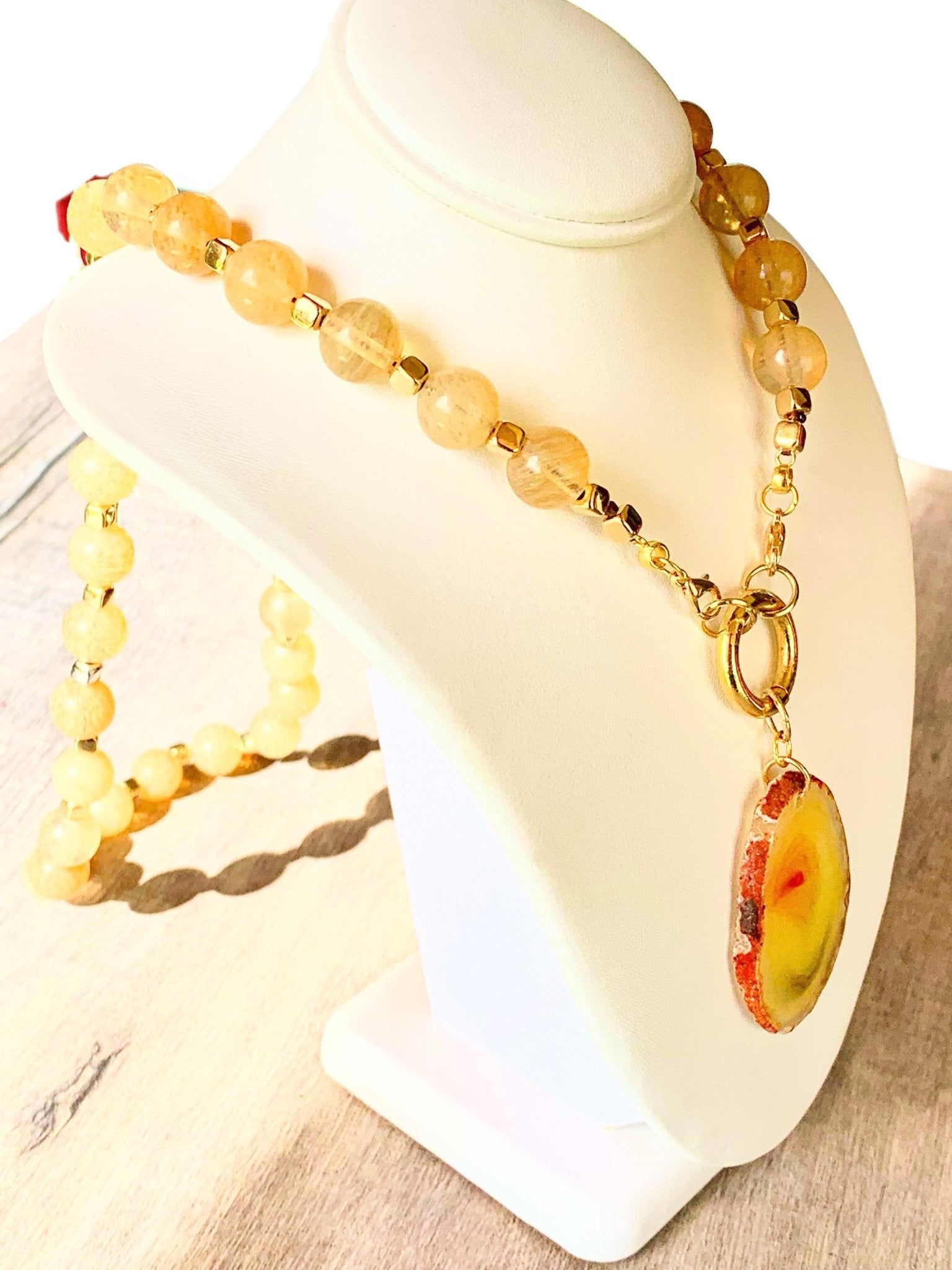 April Sun Handmade 25" Citrine Necklace with Yellow Agate Slice Pendant - Born Mystics
