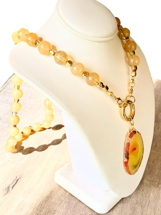 April Sun Handmade 25" Citrine Necklace with Yellow Agate Slice Pendant - Born Mystics