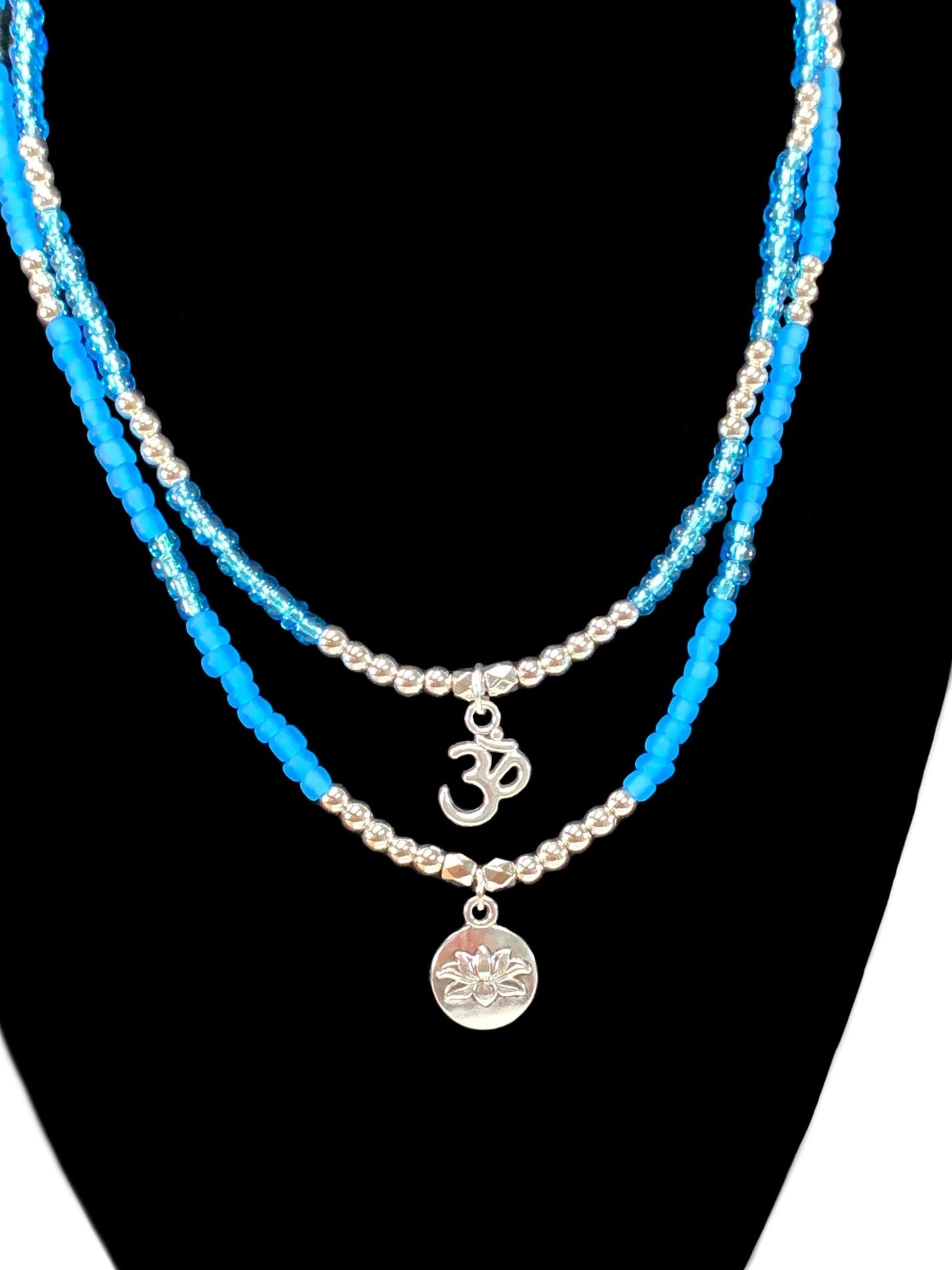Asherah Handmade Mermaid Glass Beaded Necklace with Silver Lotus Flower Charm - Born Mystics