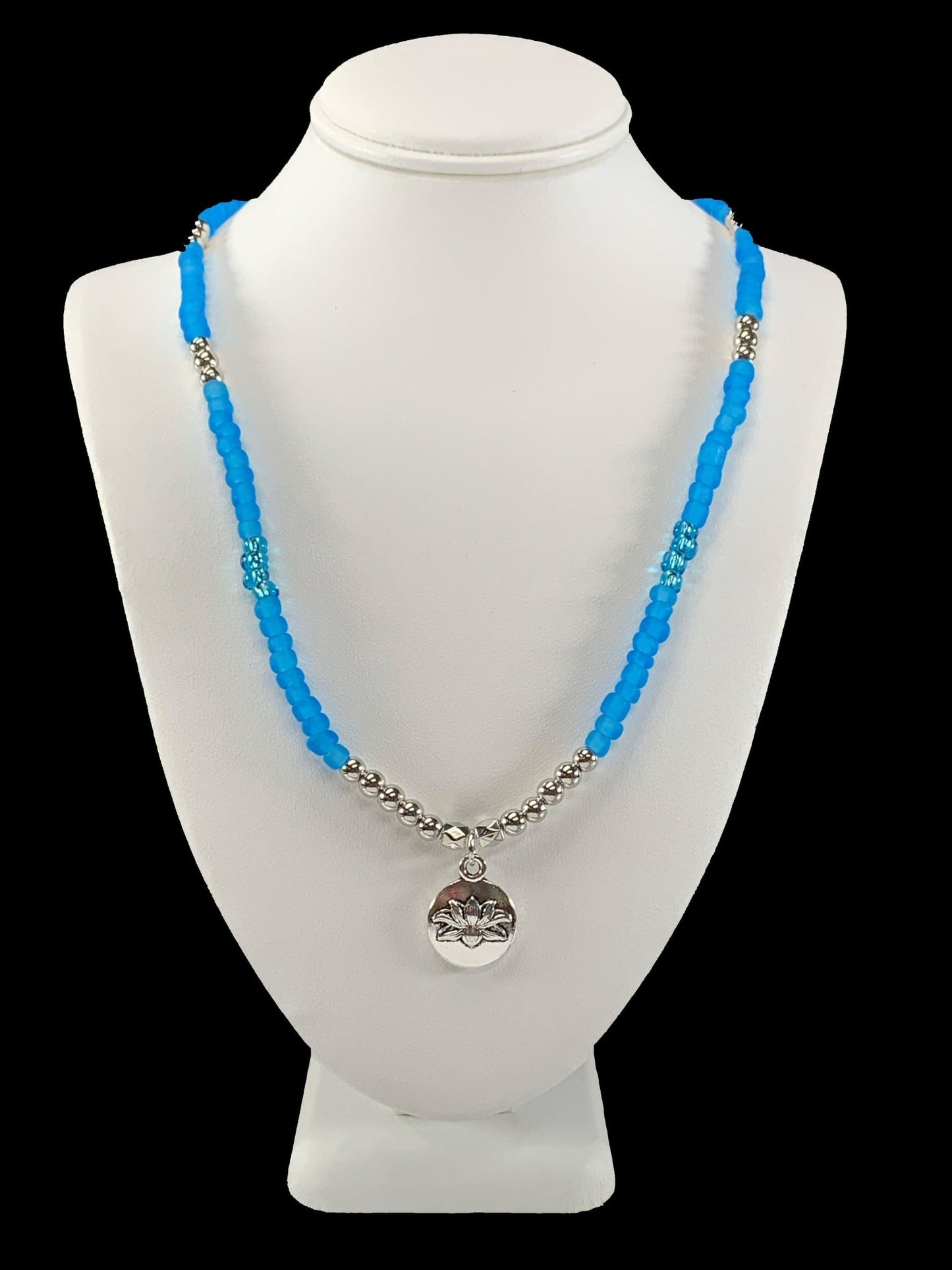 Asherah Handmade Mermaid Glass Beaded Necklace with Silver Lotus Flower Charm - Born Mystics