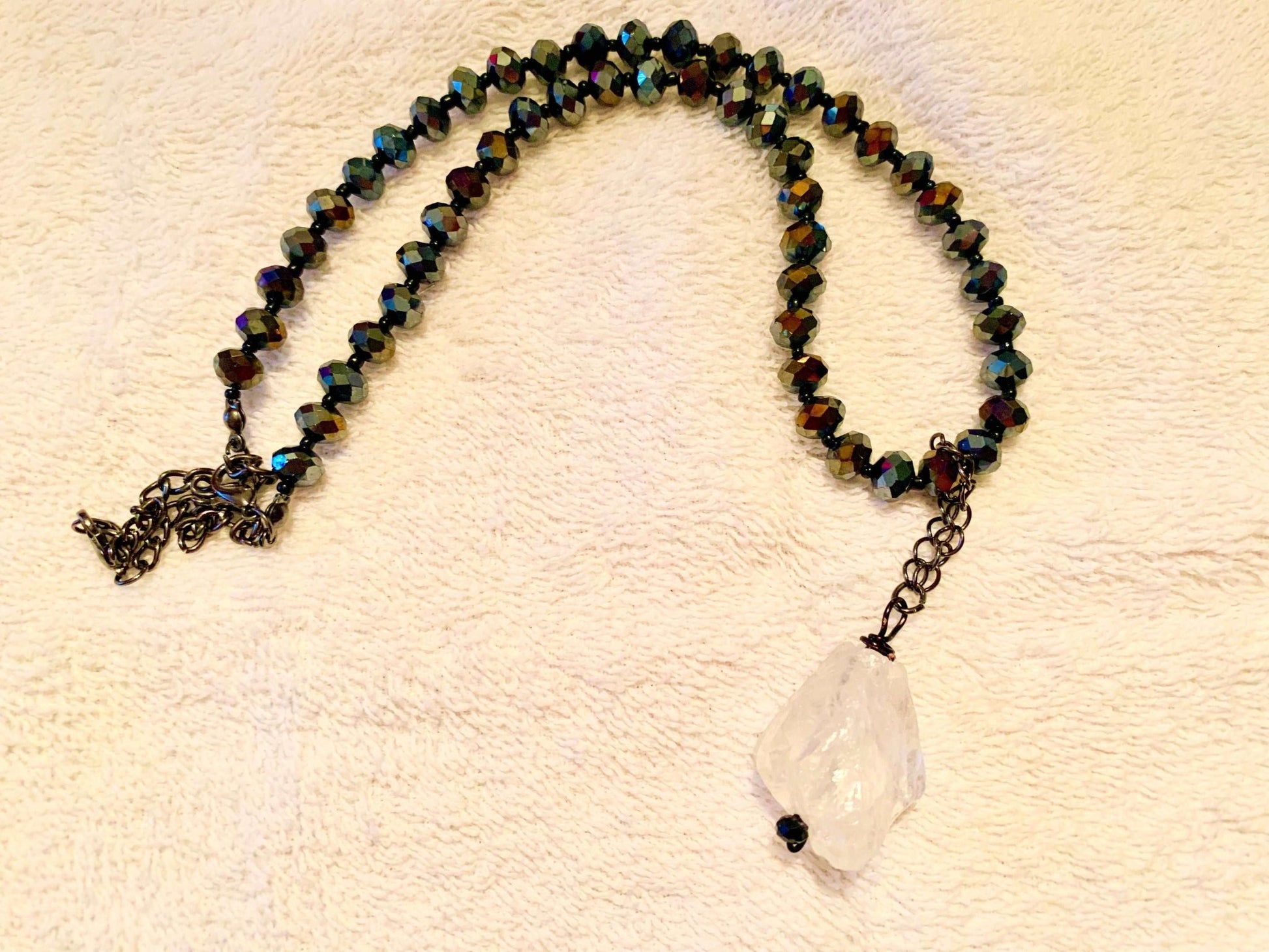 Aurora Handmade Beaded Chocker/ Necklace with a Chunky Raw White Quartz Crystal Pendant - Born Mystics